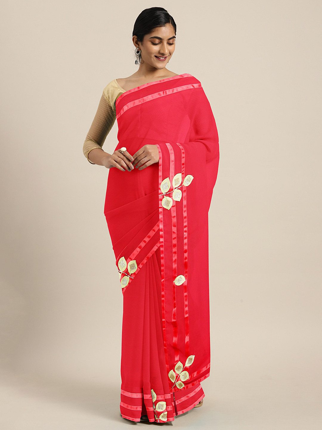 Mitera Pink & Gold-Toned Pure Georgette Solid Saree