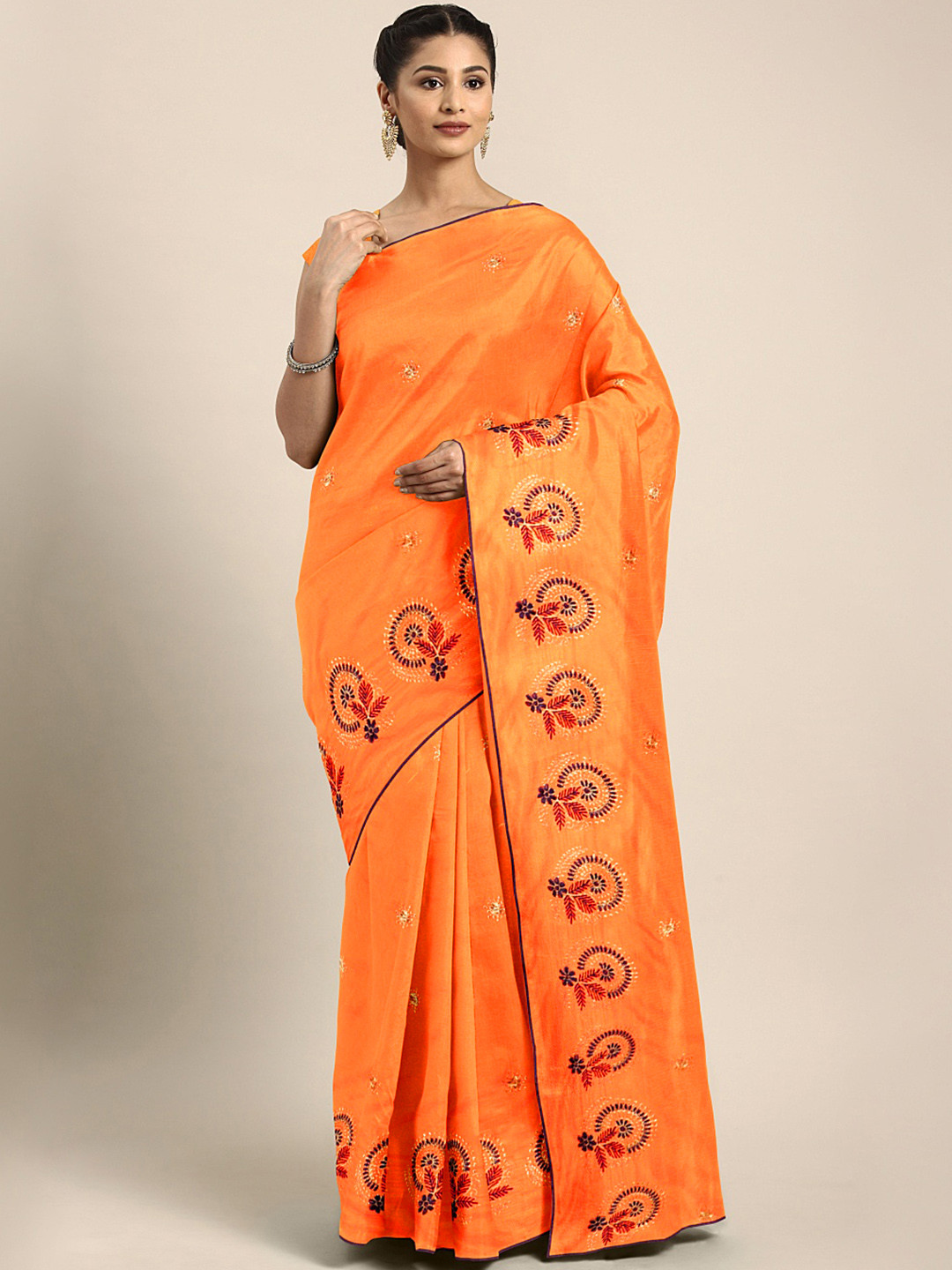 KALINI Yellow Floral Embroidered Silk Blend Saree