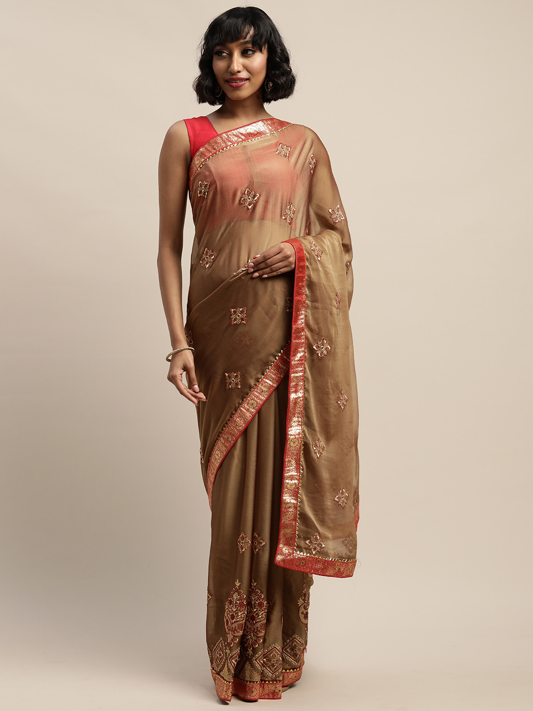 Mitera Beige & Red Pure Chiffon Embroidered Saree