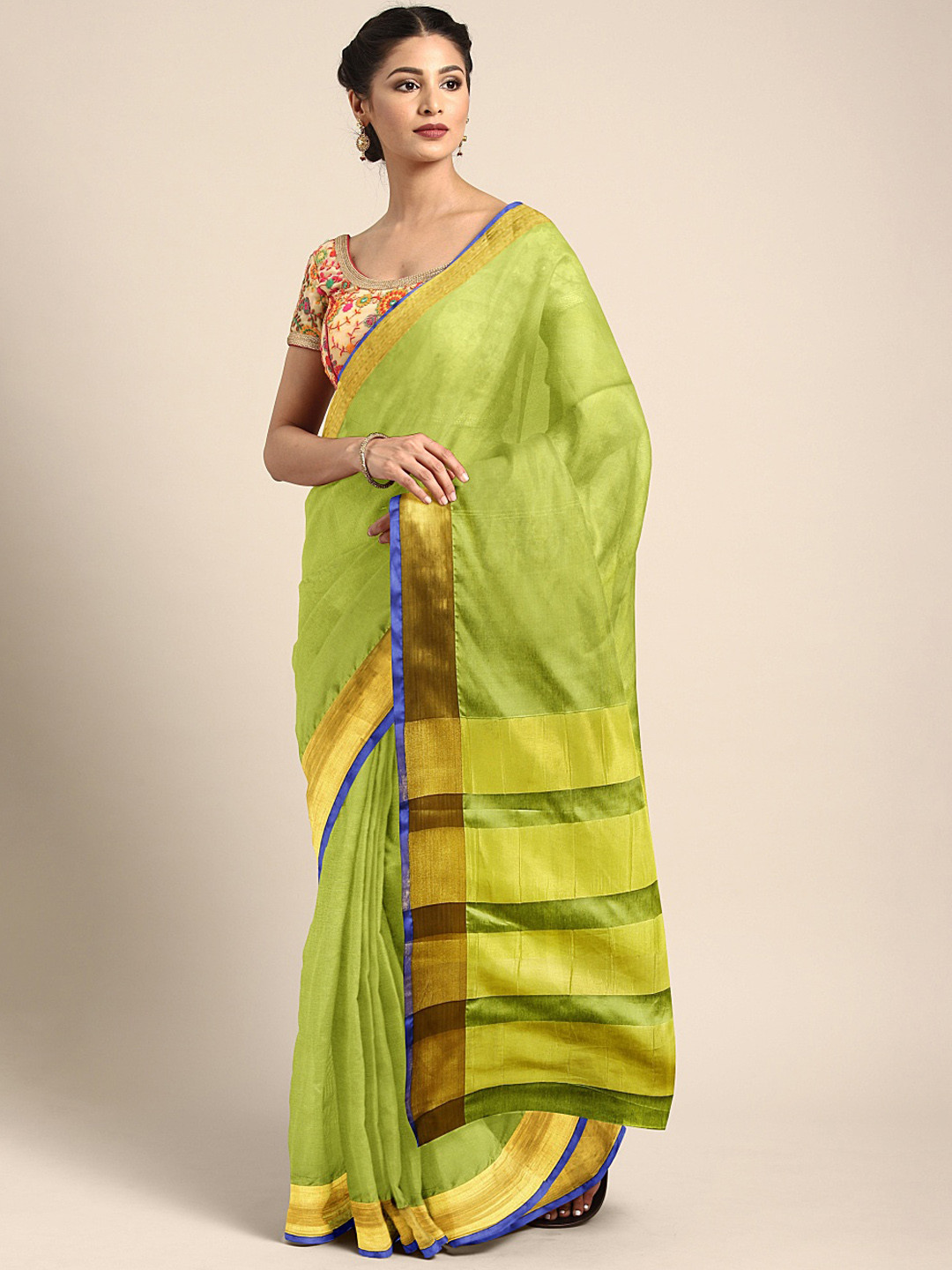KALINI Green & Gold-Toned Silk Cotton Solid Saree