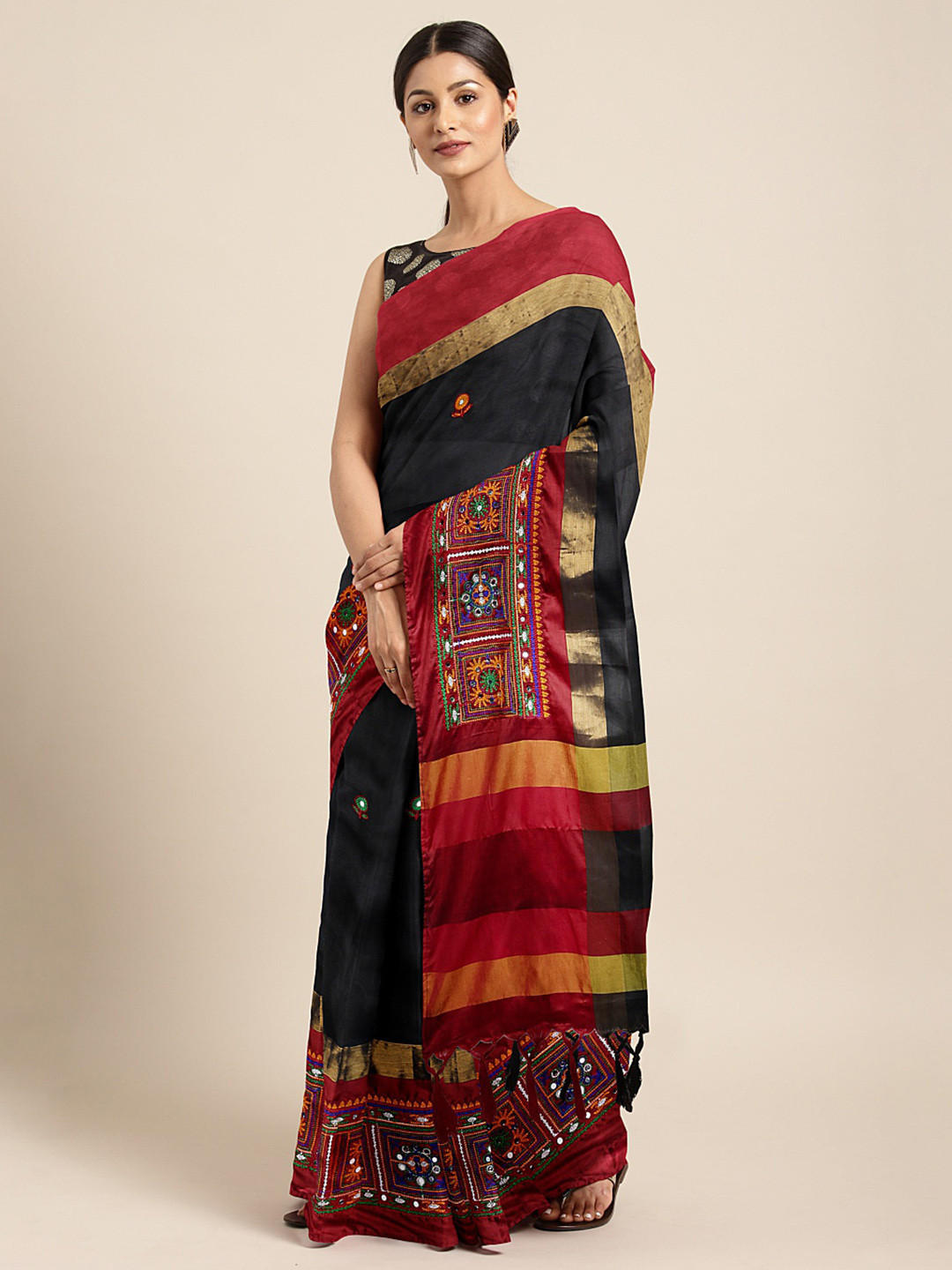Mitera Black & Red Embroidered Saree with Mirror Work