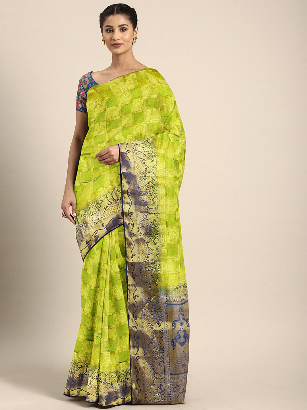 Mitera Lime Green & Gold-Toned Woven Design Banarasi Saree