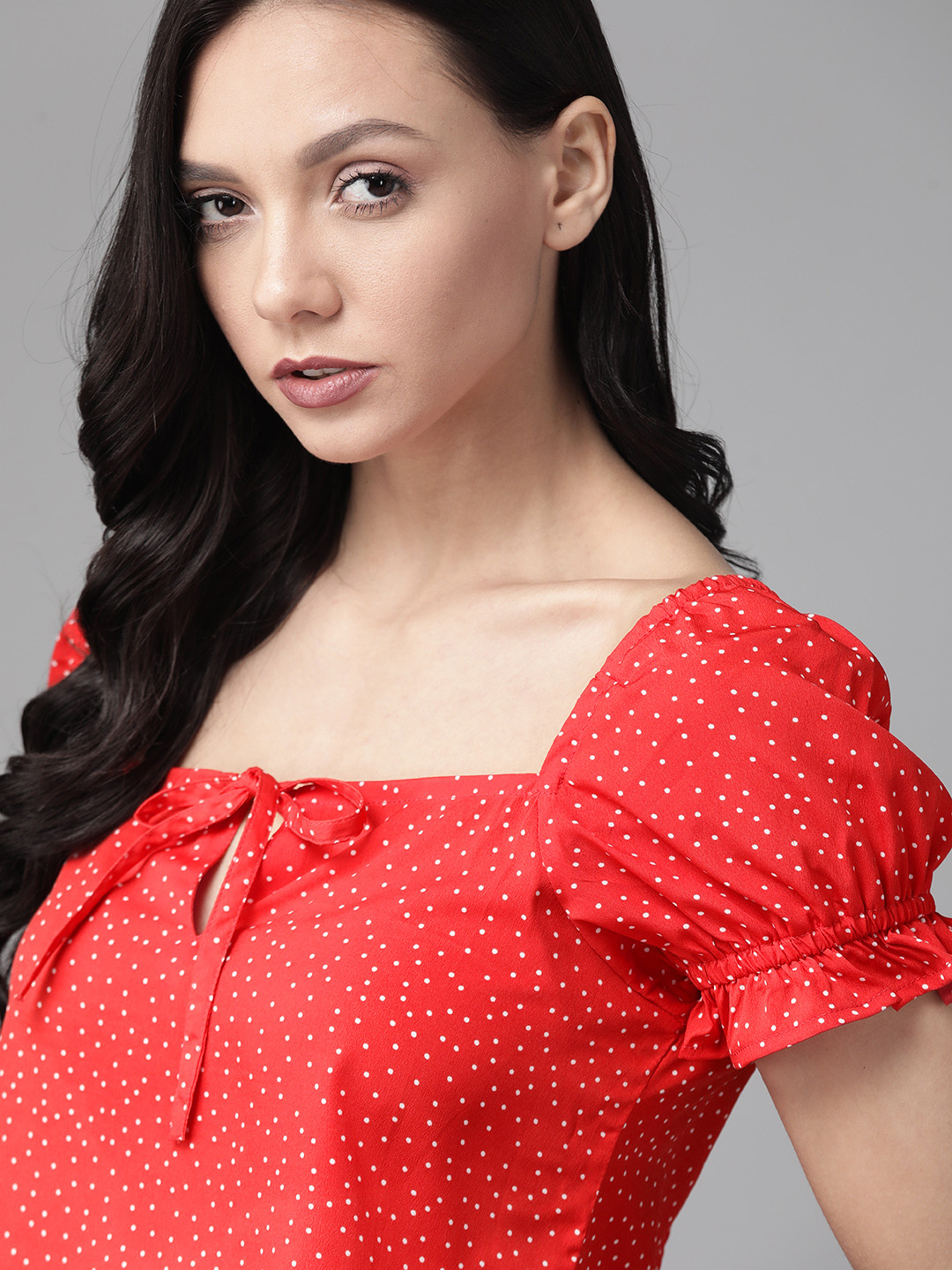 Roadster Women Red  White Polka Dot Print Top