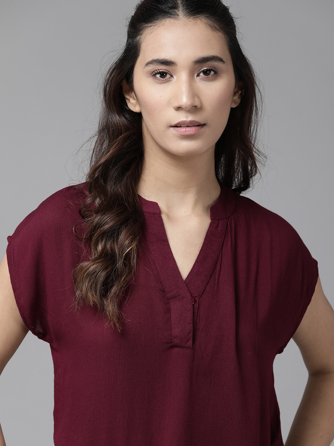 The Roadster Lifestyle Co Women Wine-Coloured EcoVero Solid Boxy Top