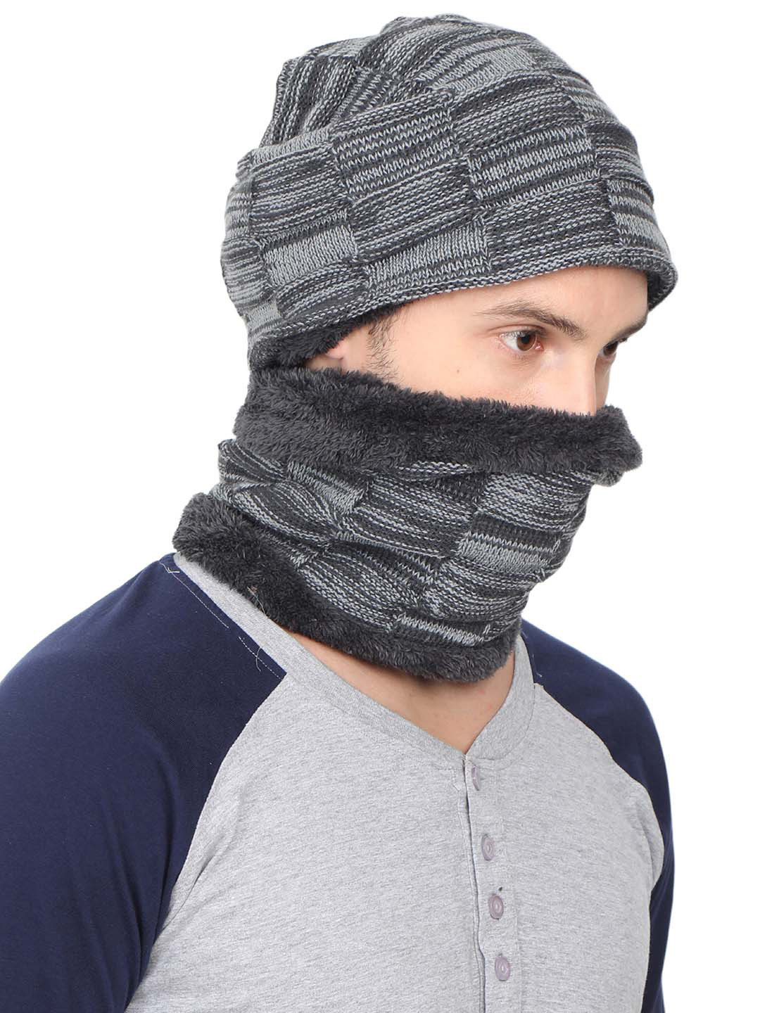 FabSeasons Unisex Grey Self-Design Beanie With Neck Warmer