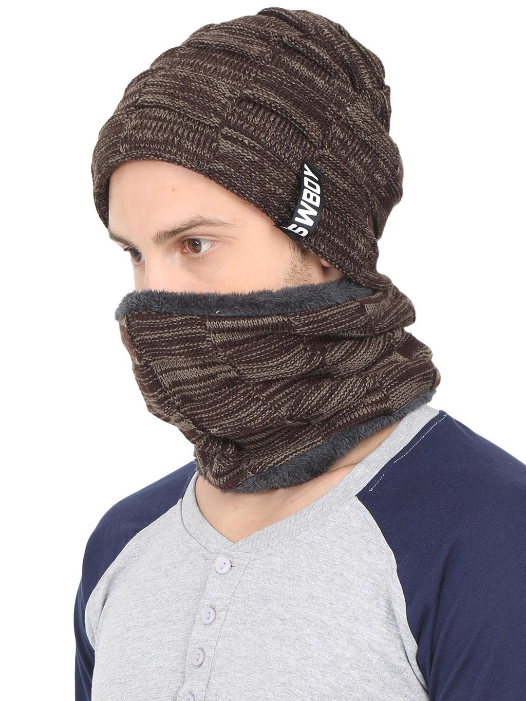 FabSeasons Unisex Brown & Grey Self-Design Beanie & Muffler