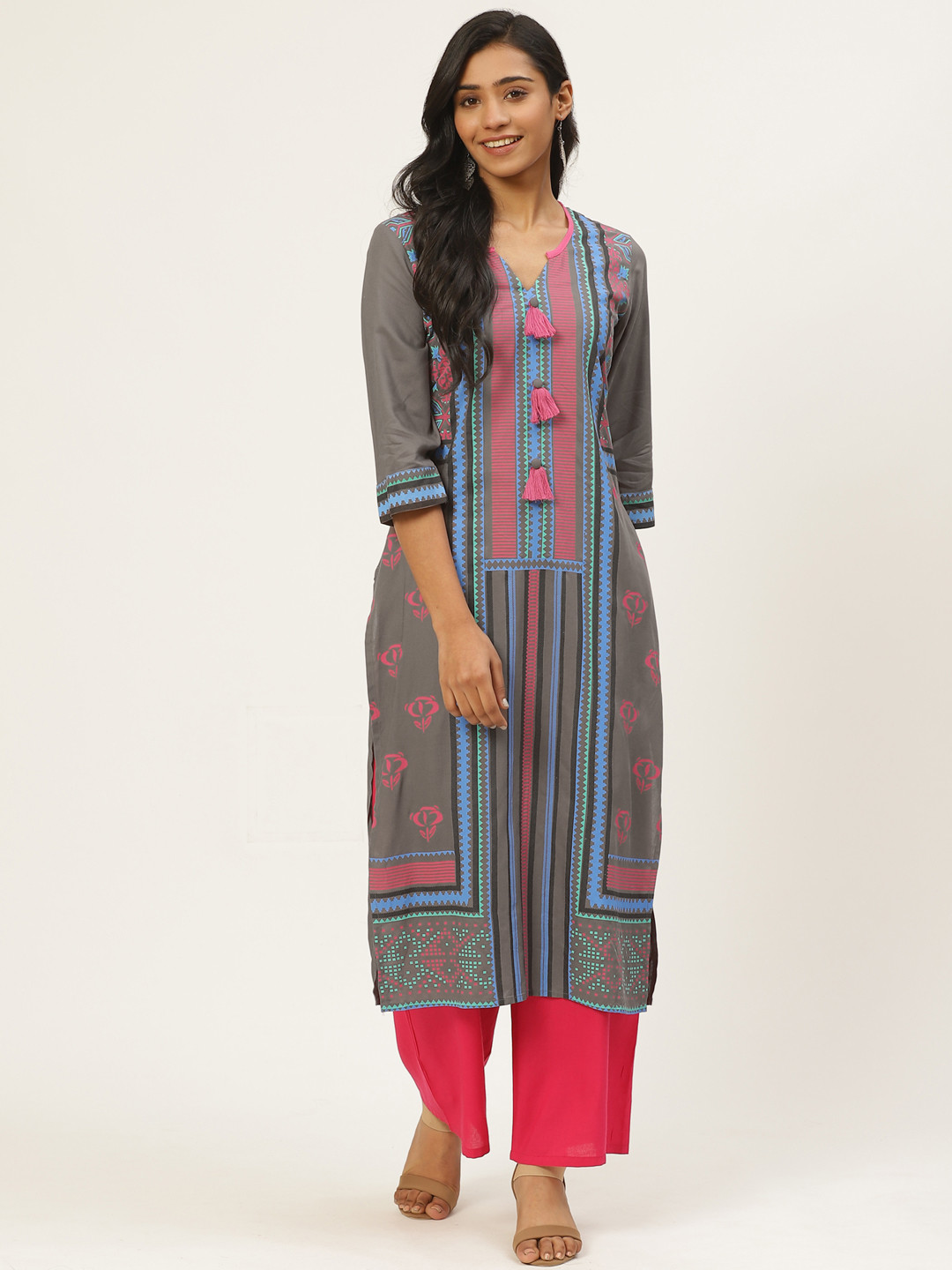 Kurti's by Menka Women Charcoal Grey & Pink Striped Straight Kurta