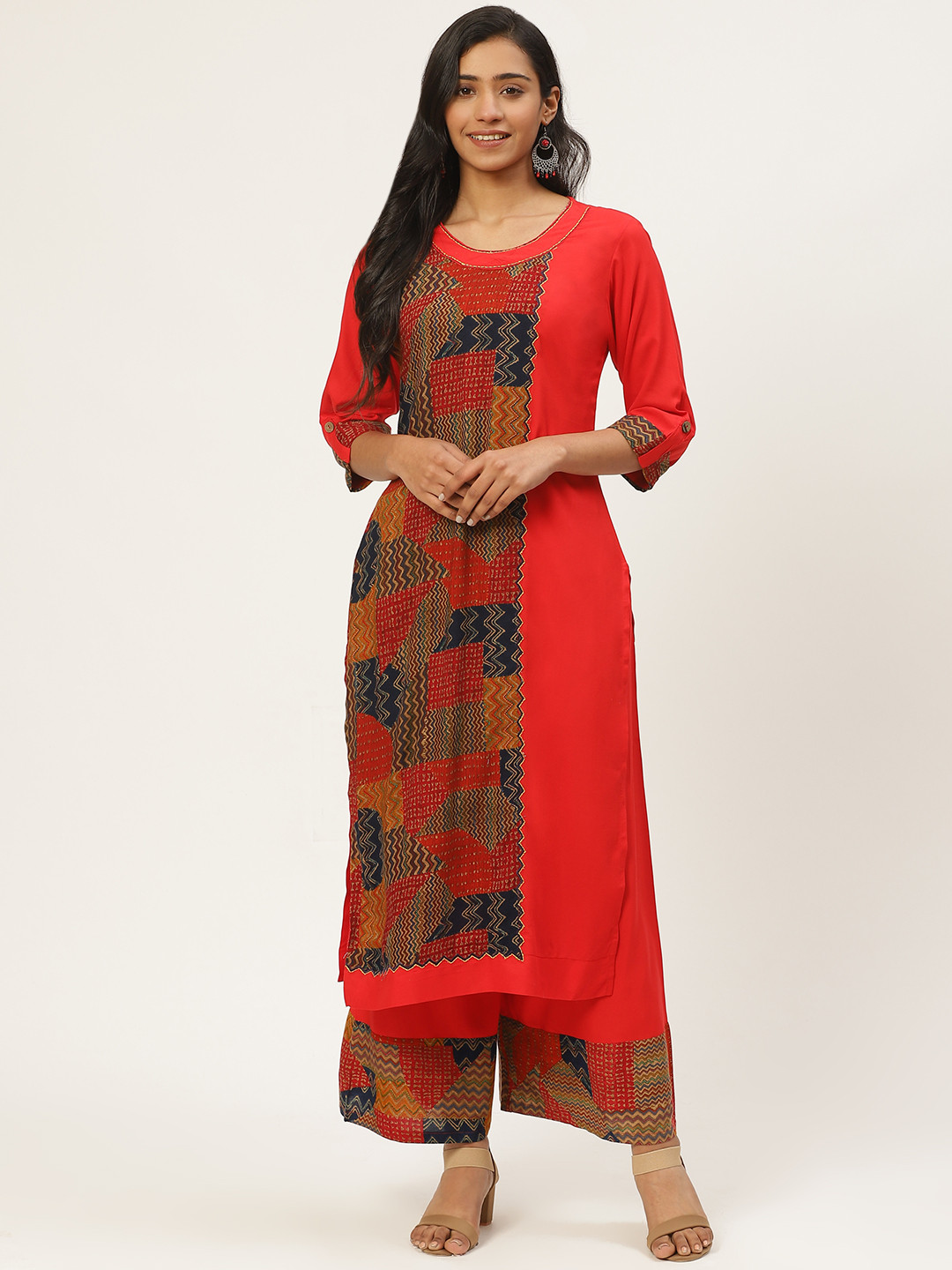 Kurti's by Menka Women Red & Navy Blue Printed Kurta with Palazzos