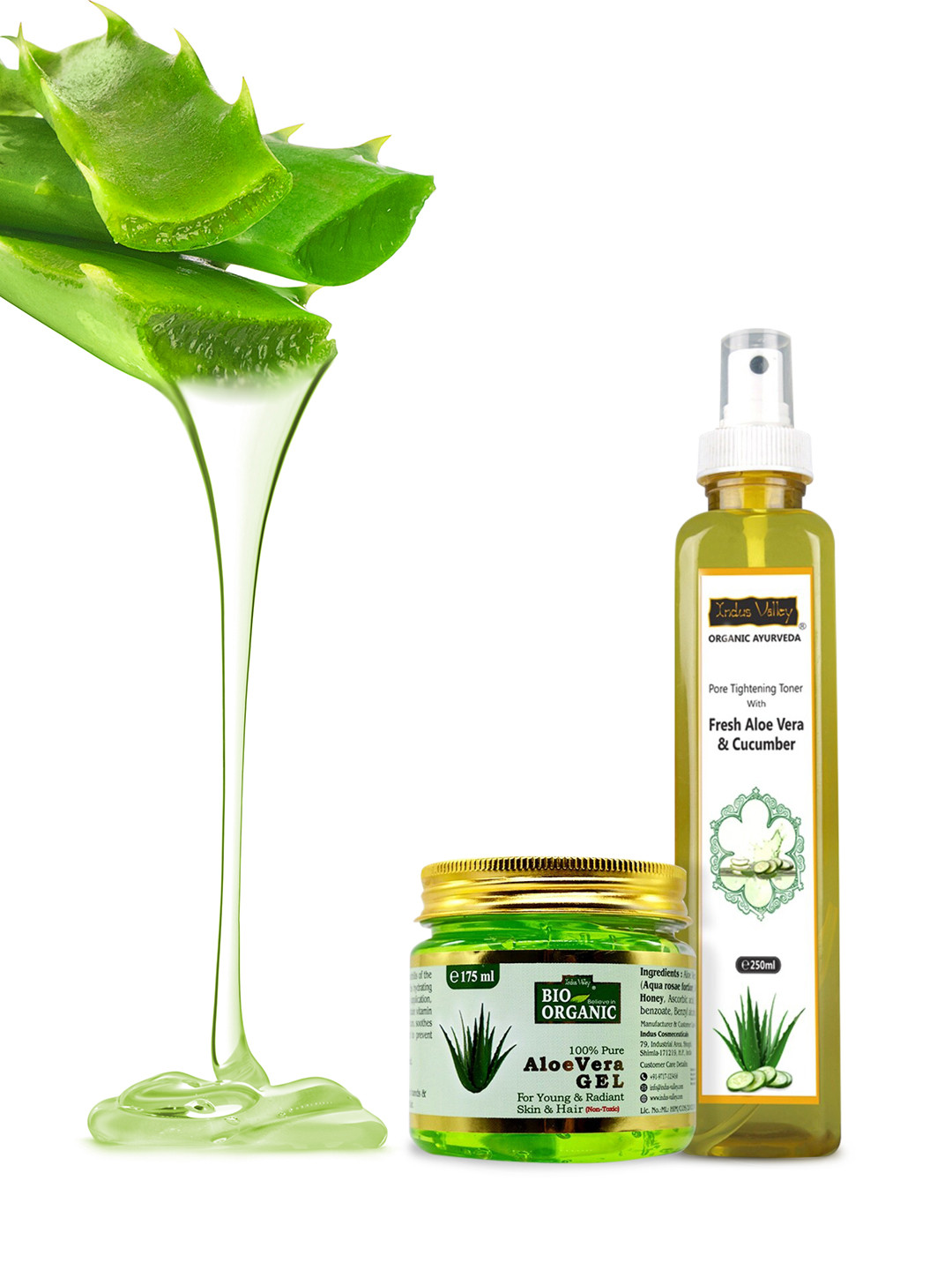 Indus Valley Bio Organic Aloe Vera Gel 175ml & Fresh Aloe Vera & Cucumber Skin Toner 250ml