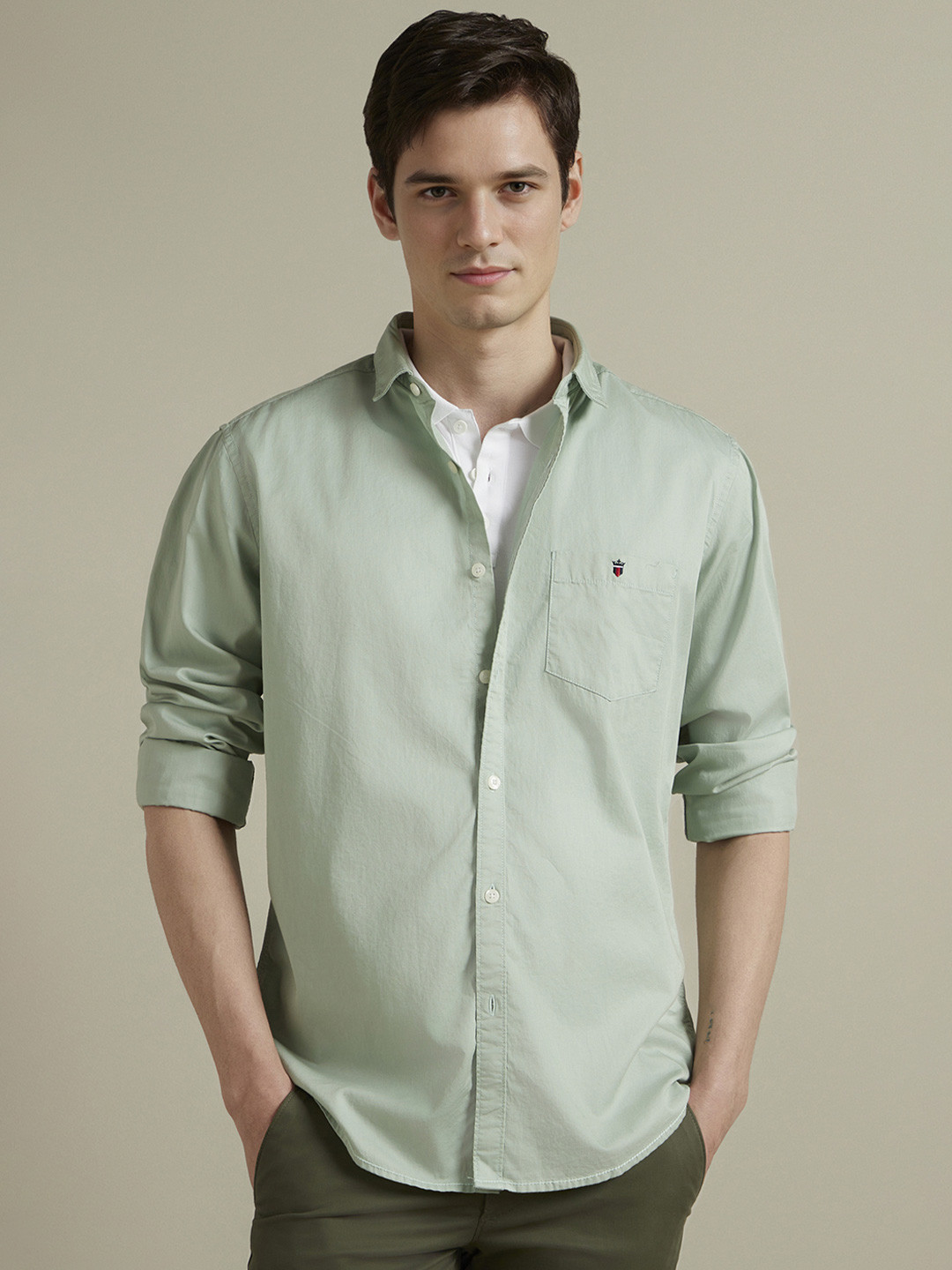 Louis Philippe Jeans Men Green Slim Fit Solid Pure Cotton Casual Shirt