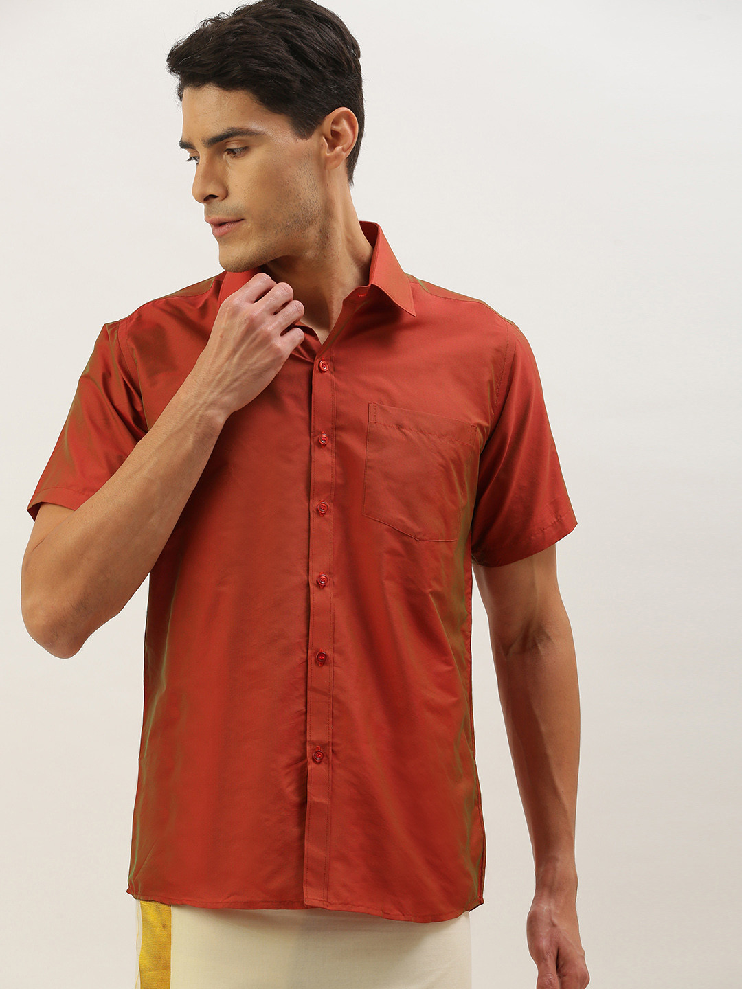THANGAMAGAN Men Coral Orange Solid Ethnic Shirt