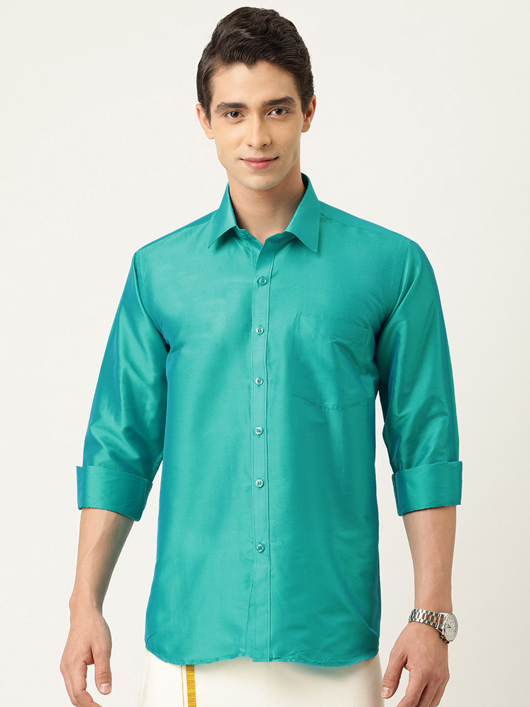 THANGAMAGAN Men Sea Green Regular Fit Solid Casual Shirt