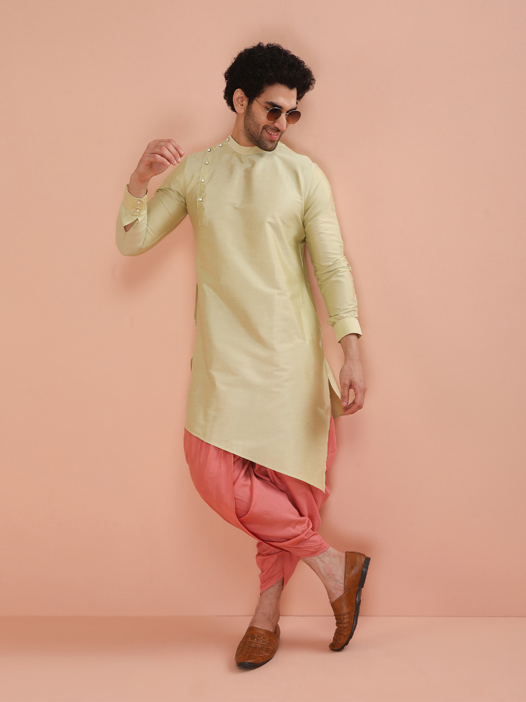 KISAH Men Regular Fit Solid Asymmetric Kurta Dhoti Set