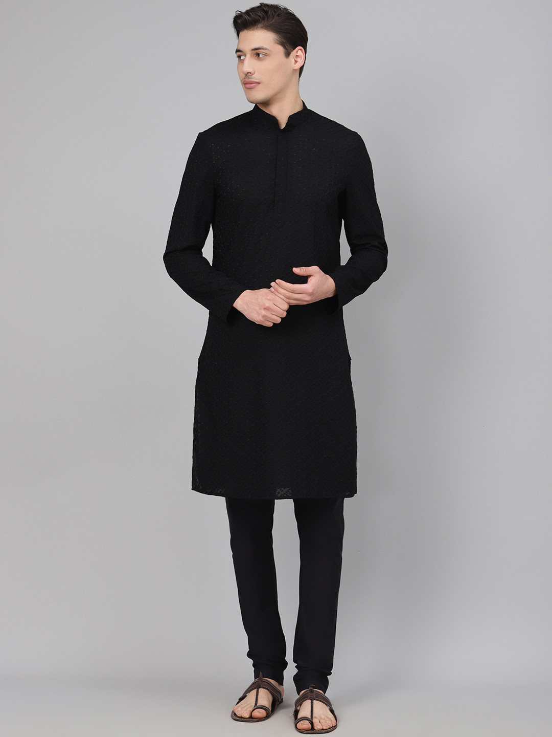 Readiprint  Men Black Chikankari Embroidered Kurta with Churidar