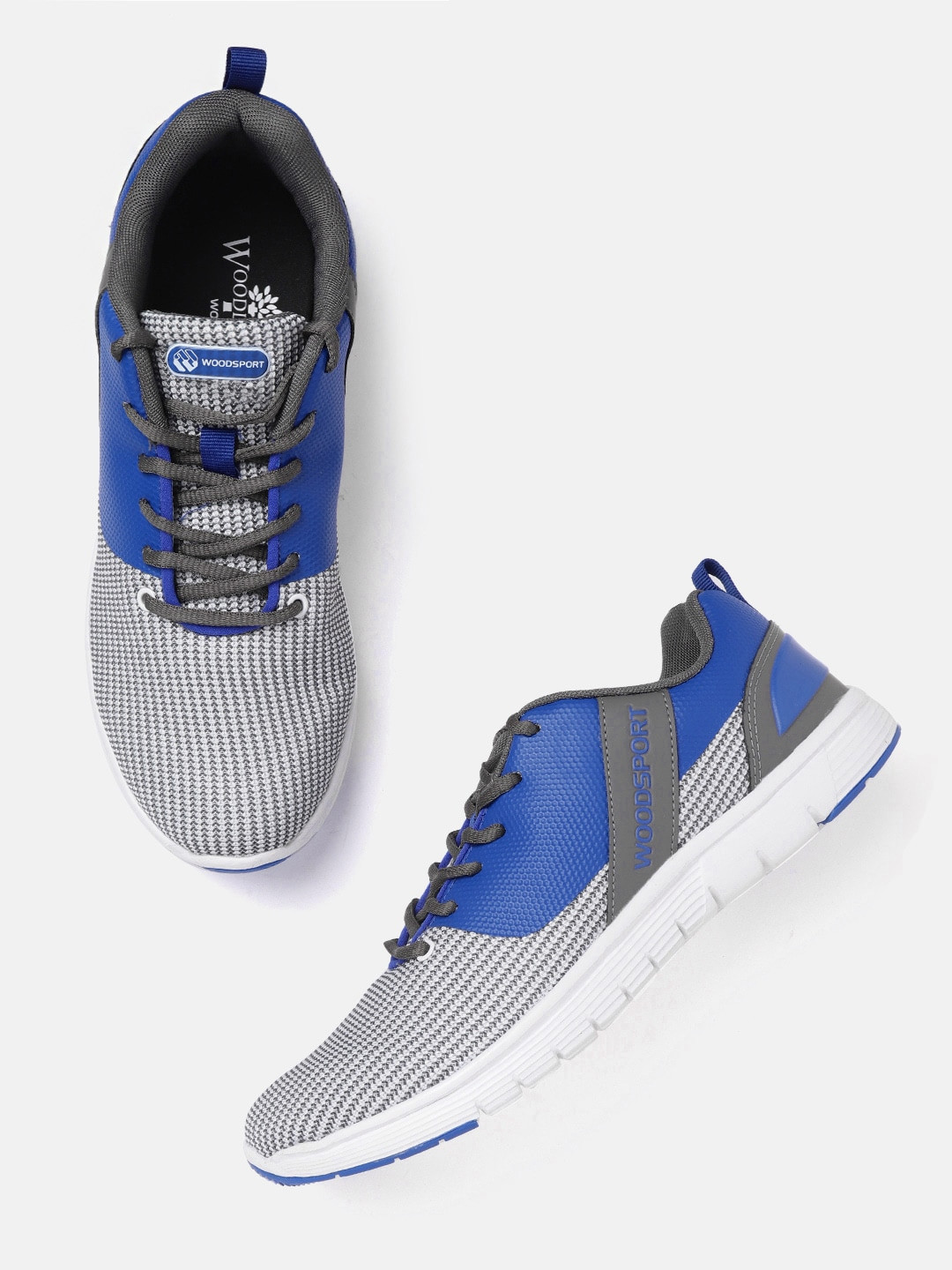 Woodland Men Grey & Blue Self-Striped Sneakers