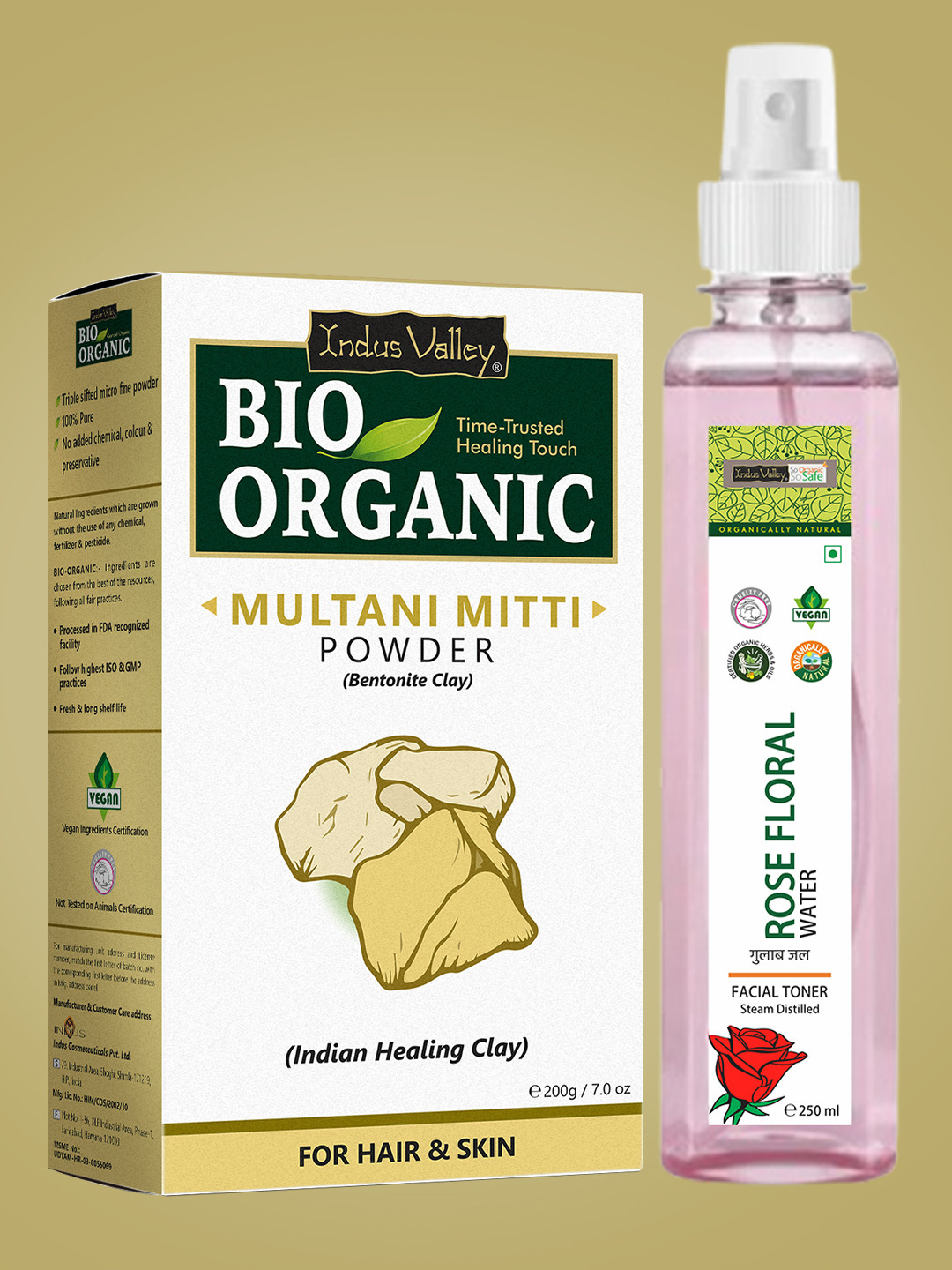 Indus Valley Unisex BIO Organic Multani Mitti Powder & Ayurveda Fresh Rose Water Combo450g