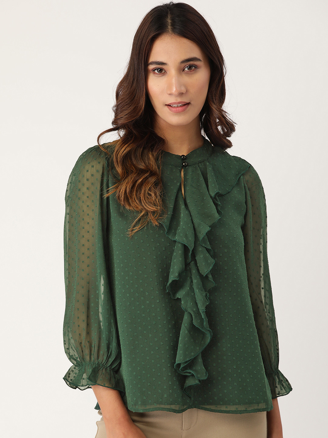 Antheaa Women Green Dobby Weave A-Line Top