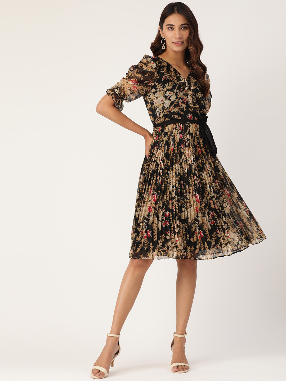 Antheaa Black & Beige Floral Printed Accordion Pleated Wrap Dress With Belt