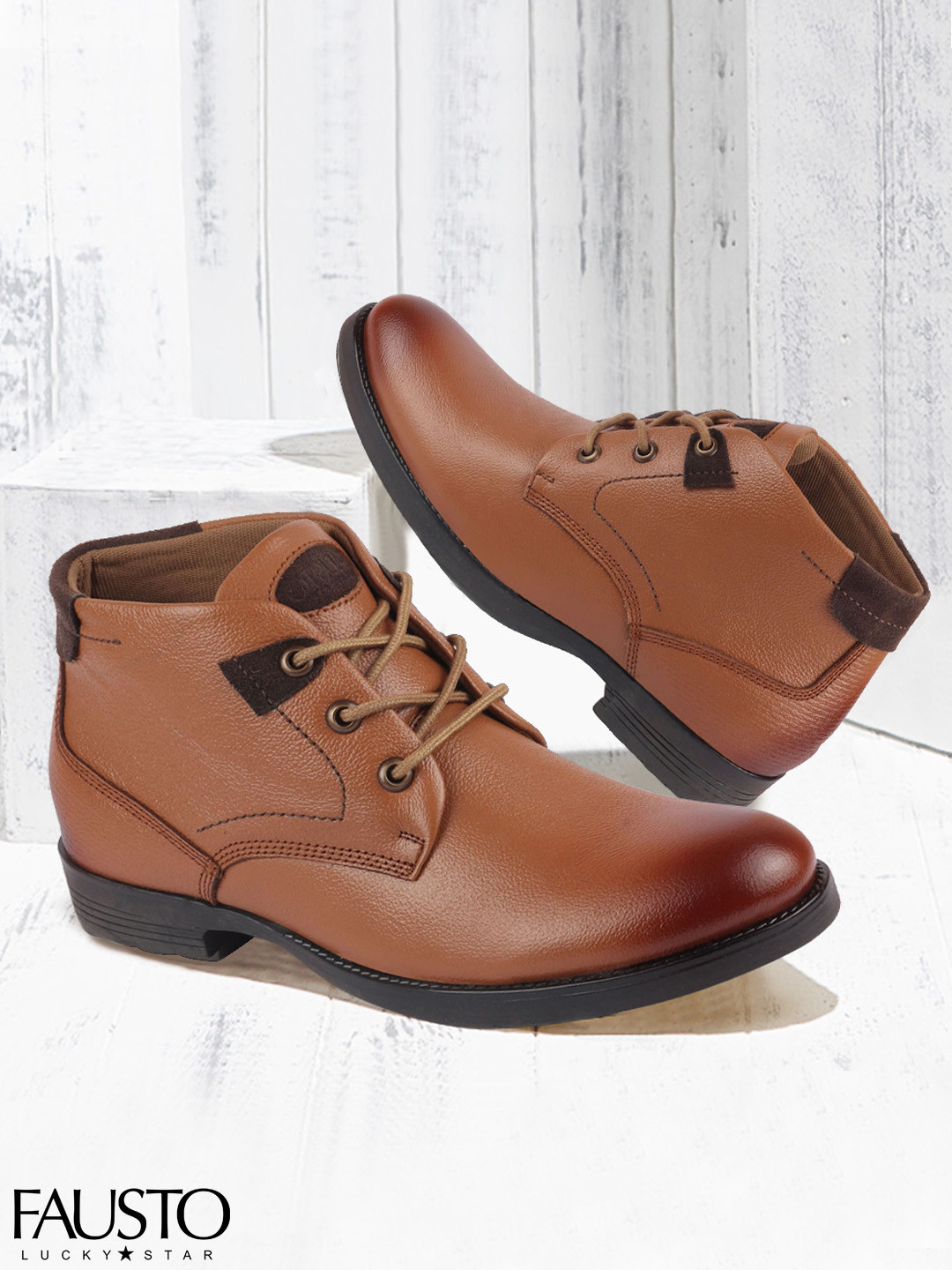 FAUSTO Men Tan Brown Leather Flat Boots