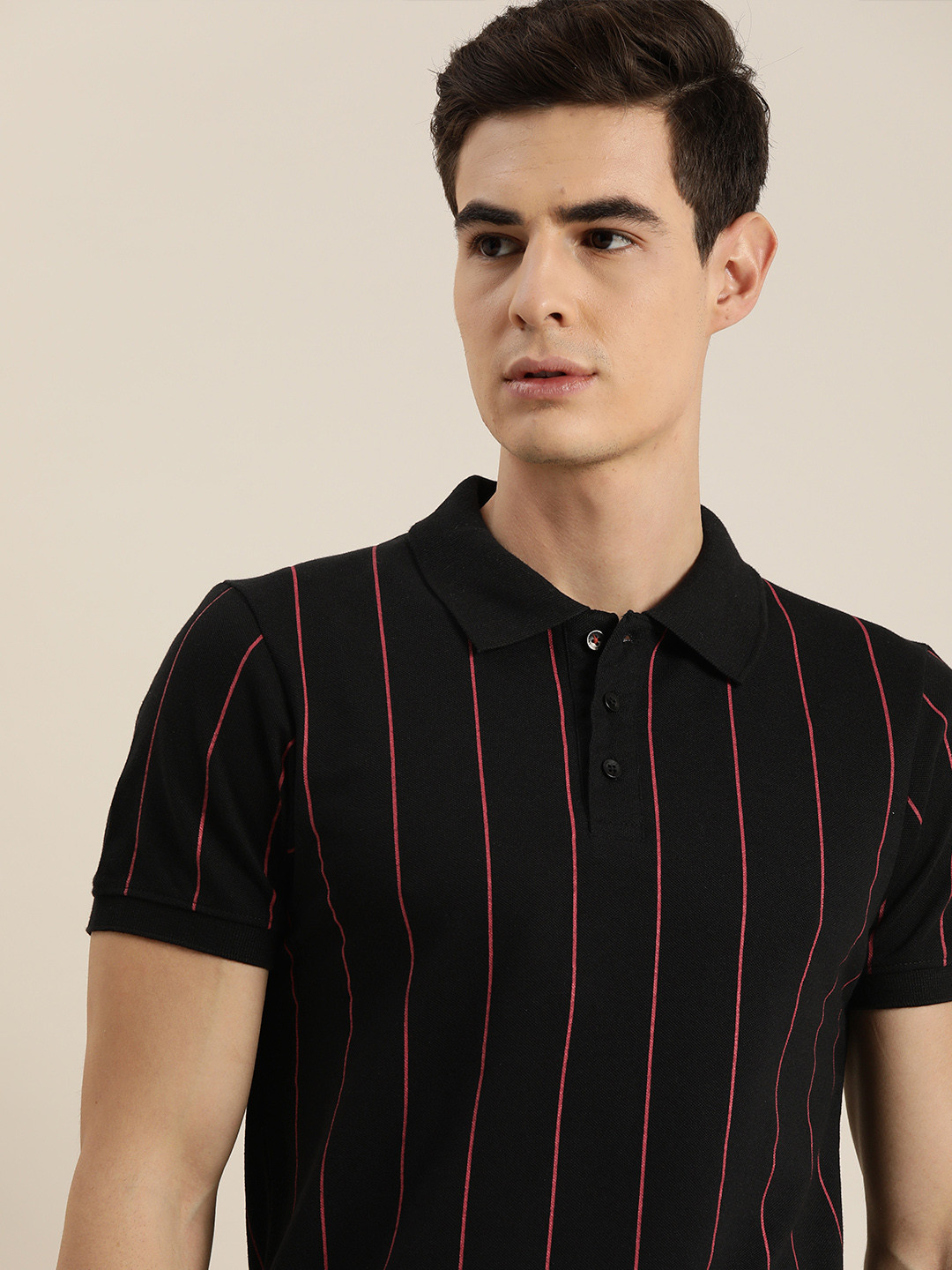 INVICTUS Men Black  Red Striped Polo Collar Pure Cotton T-shirt
