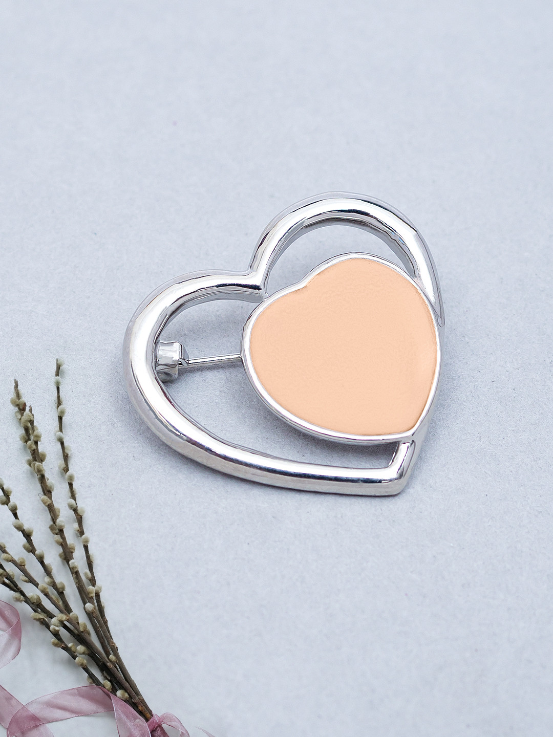 Golden Peacock Women Silver-Toned & Peach-Coloured Heart-Shaped Brooch