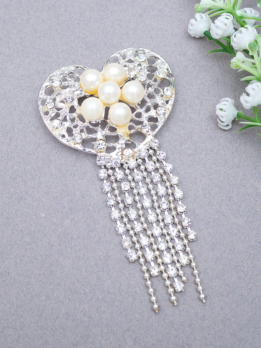 Golden Peacock Women Silver-Toned & Off-White Heart-Shaped & Tasselled Brooch