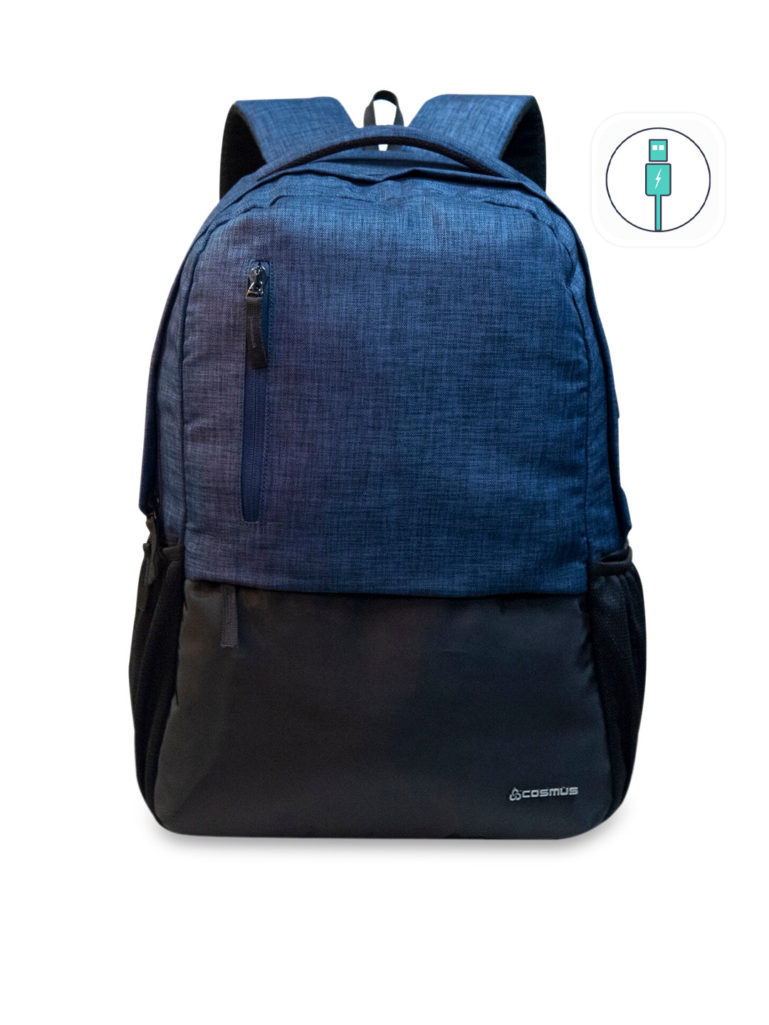 COSMUS Unisex Blue & Black Colourblocked Casual Laptop Backpack with USB Charger Port