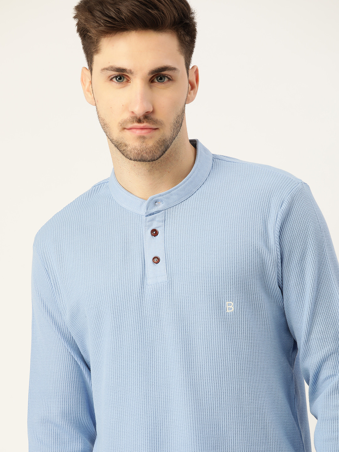 Mr Bowerbird Men Blue Pure Cotton Self-Striped Henley Neck Pure Cotton T-shirt