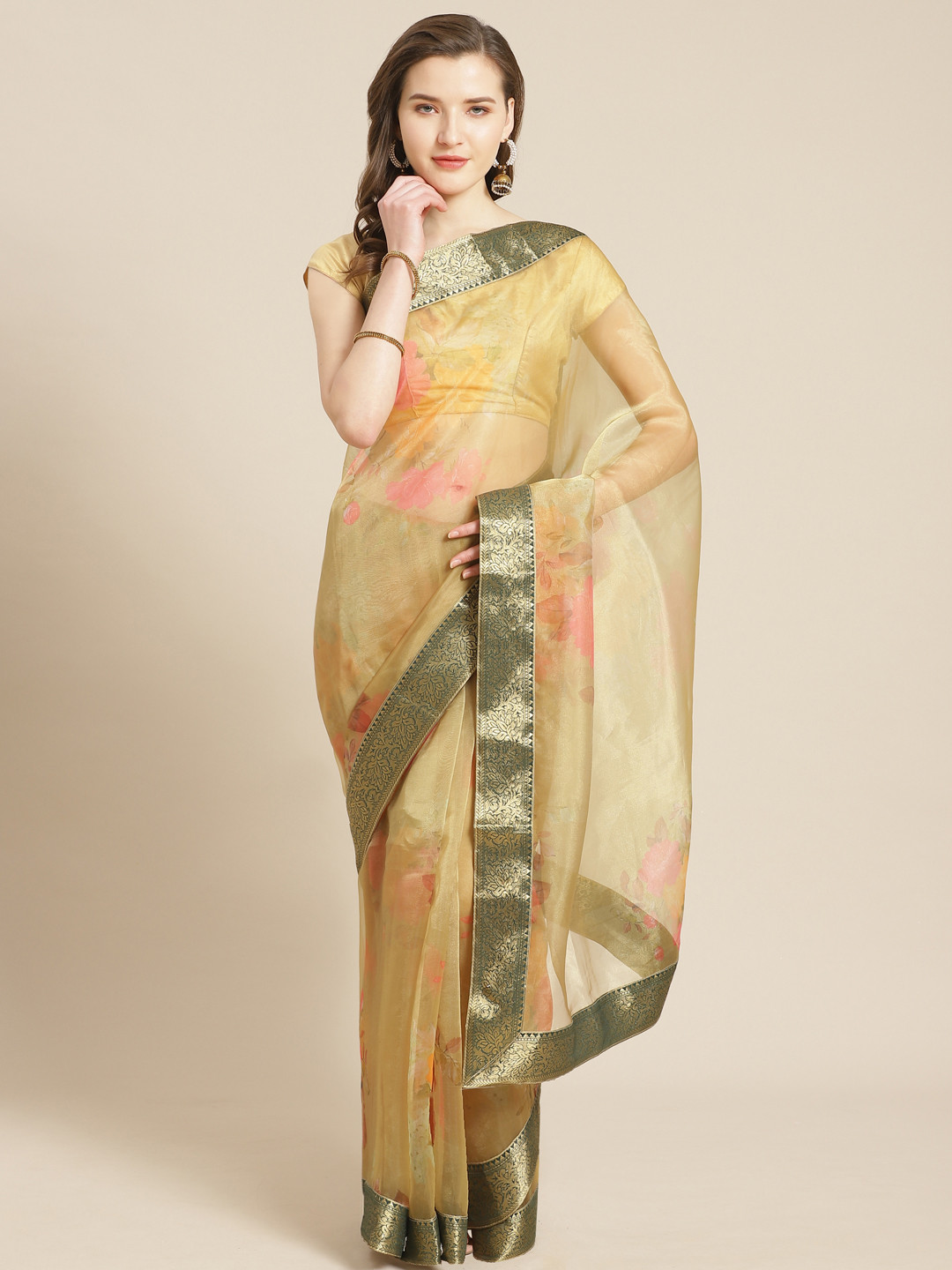 Kalista Green & Pink Floral Print Saree
