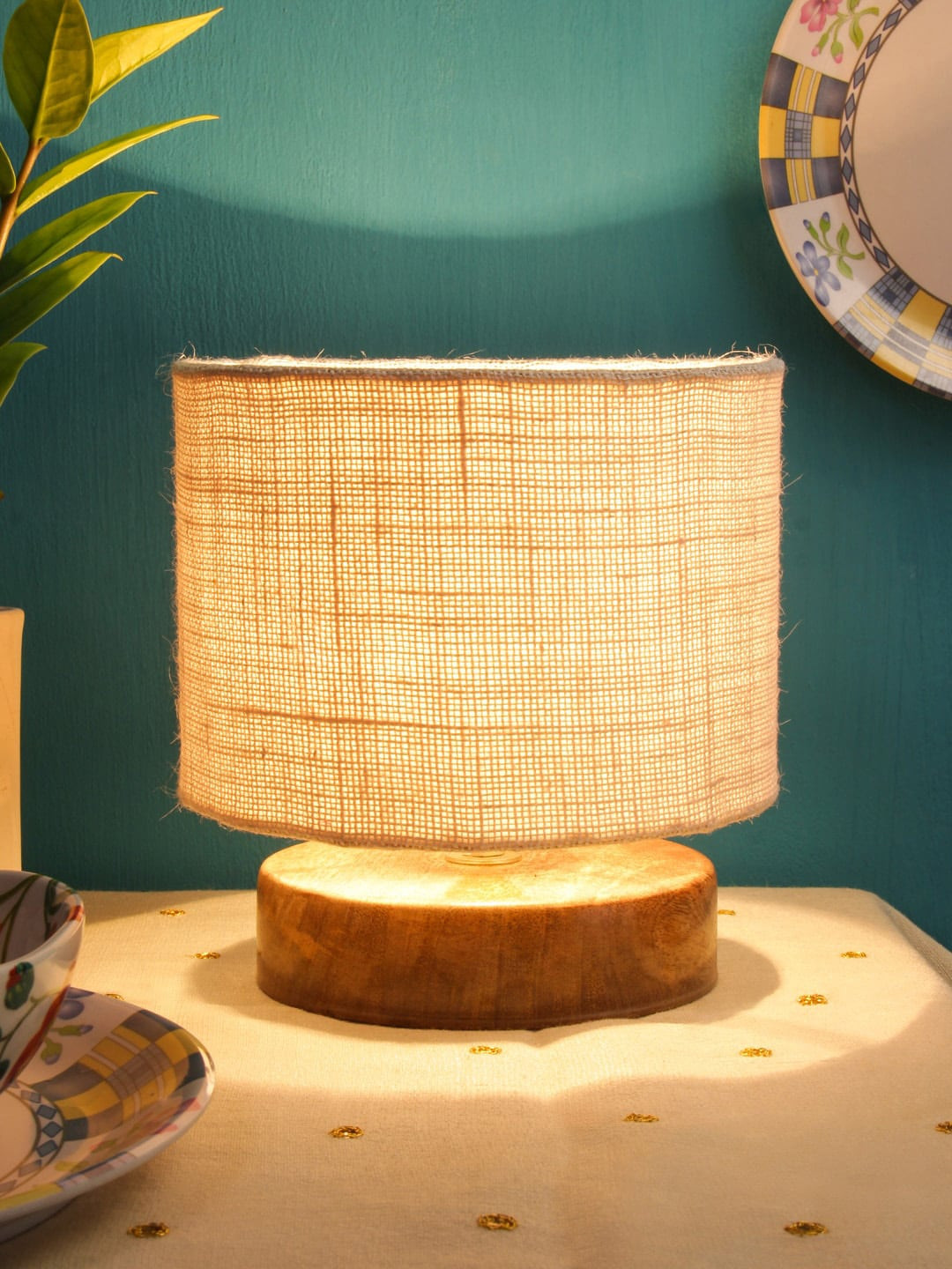 Devansh White Solid Table Lamp With Jute Shade