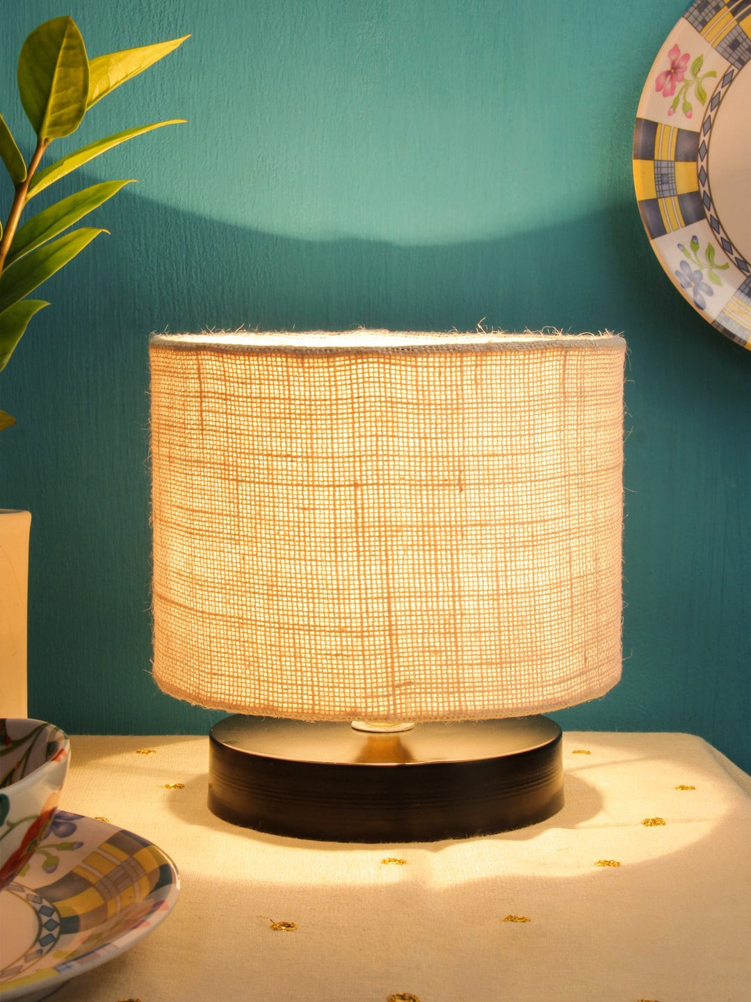 Devansh White Solid Drum Designer Jute Shade Table Lamp with Base