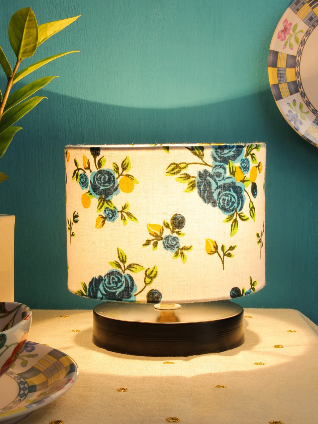 Devansh White & Blue Printed Cotton Shade Bedside Standard Lamp
