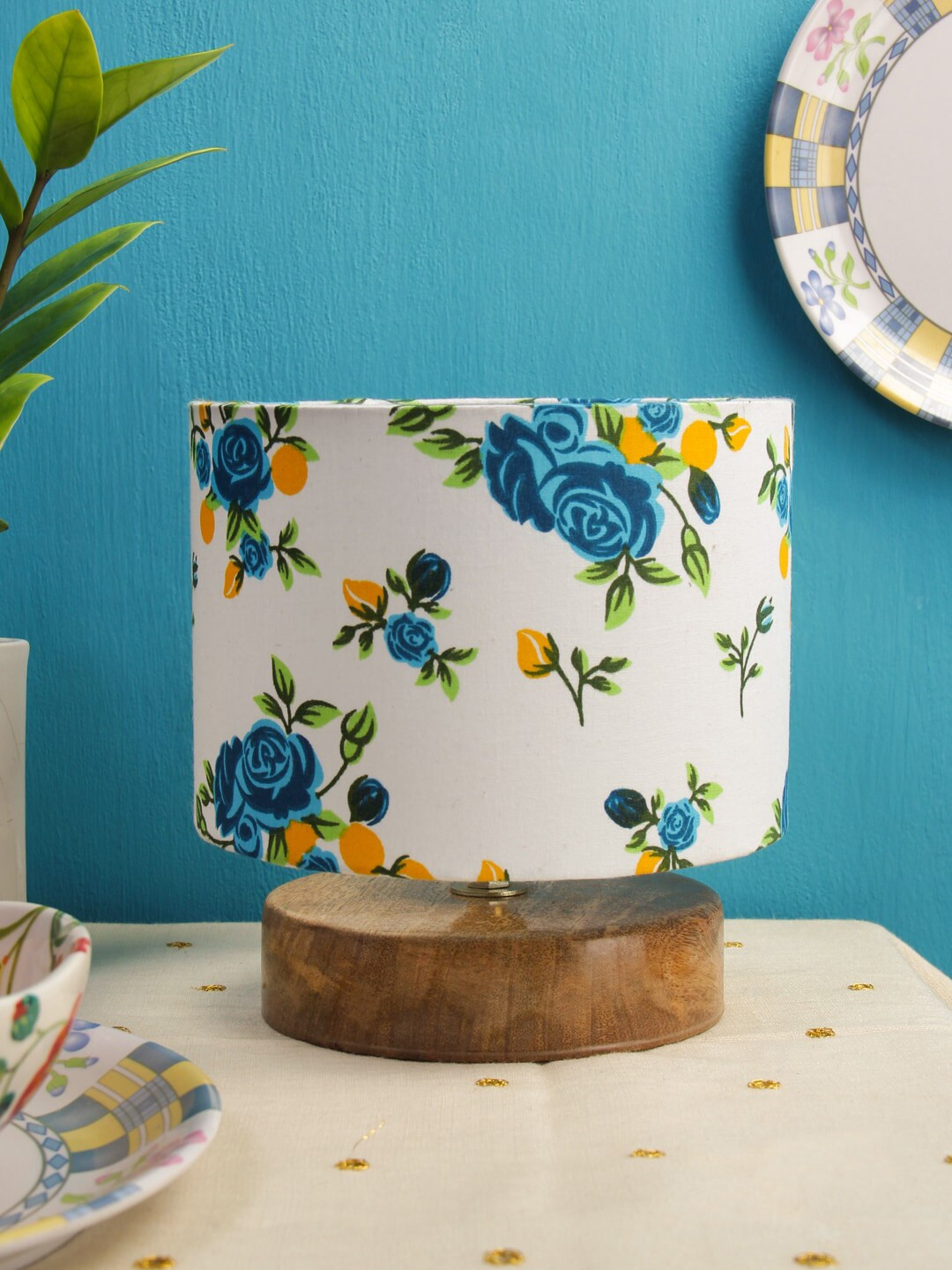 Devansh White & Blue Floral Printed Table Lamp