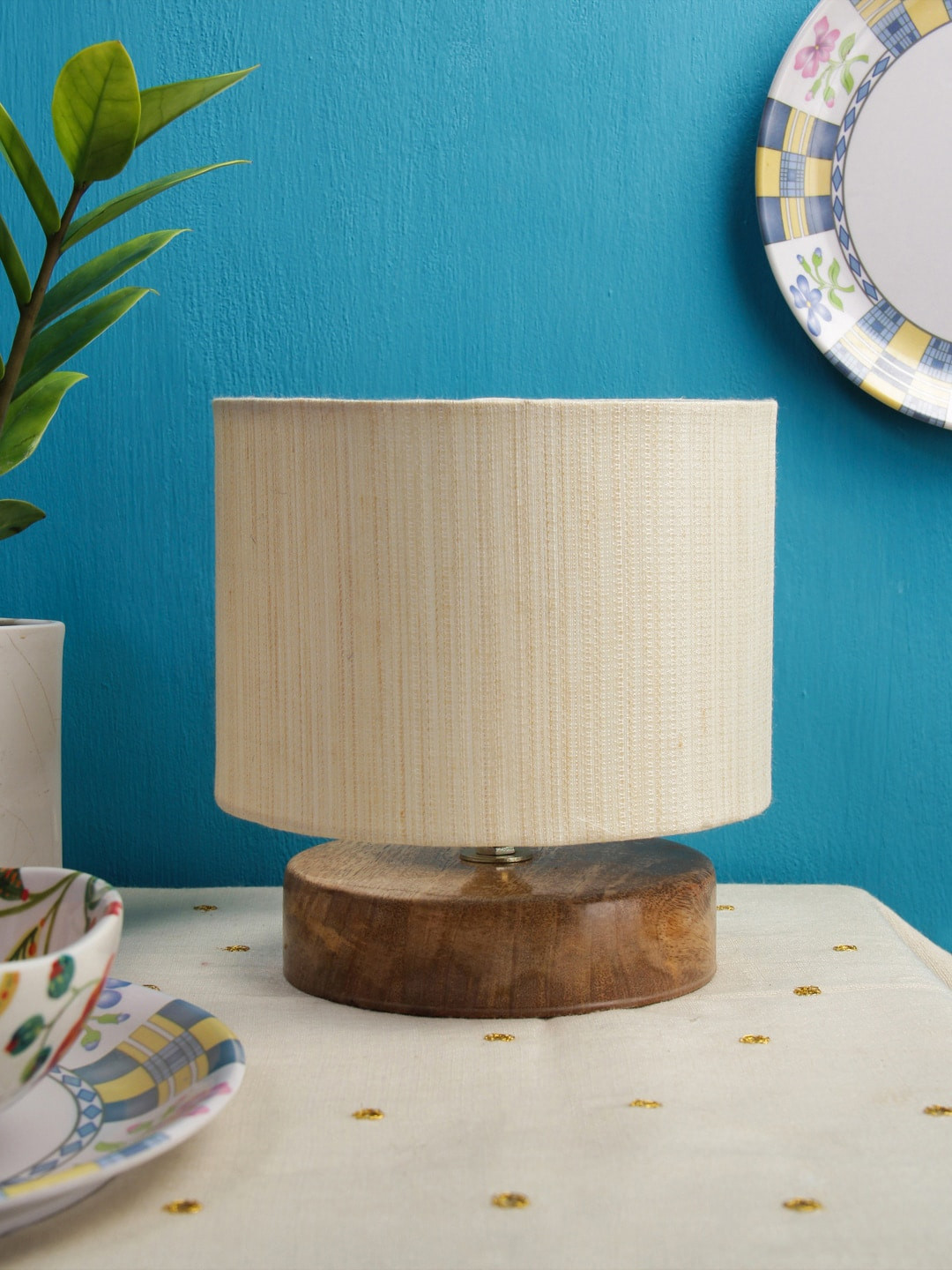 Devansh Cream-Colored Solid Cylindrical Table Lamp