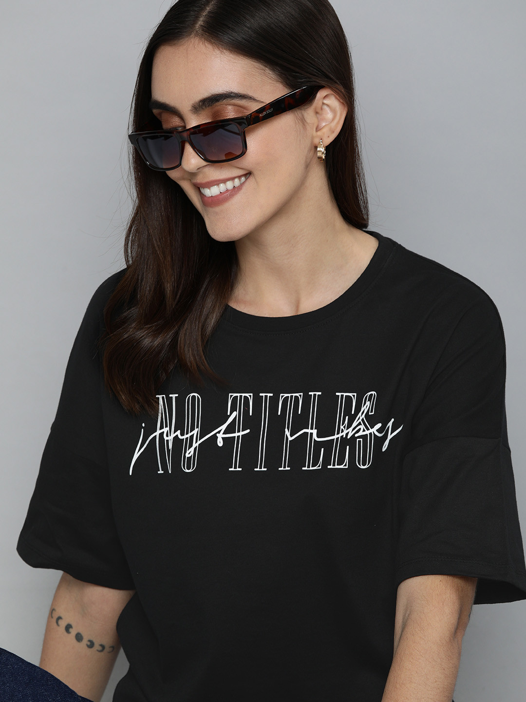 Mast & Harbour Women Black Printed Round Neck Pure Cotton T-shirt