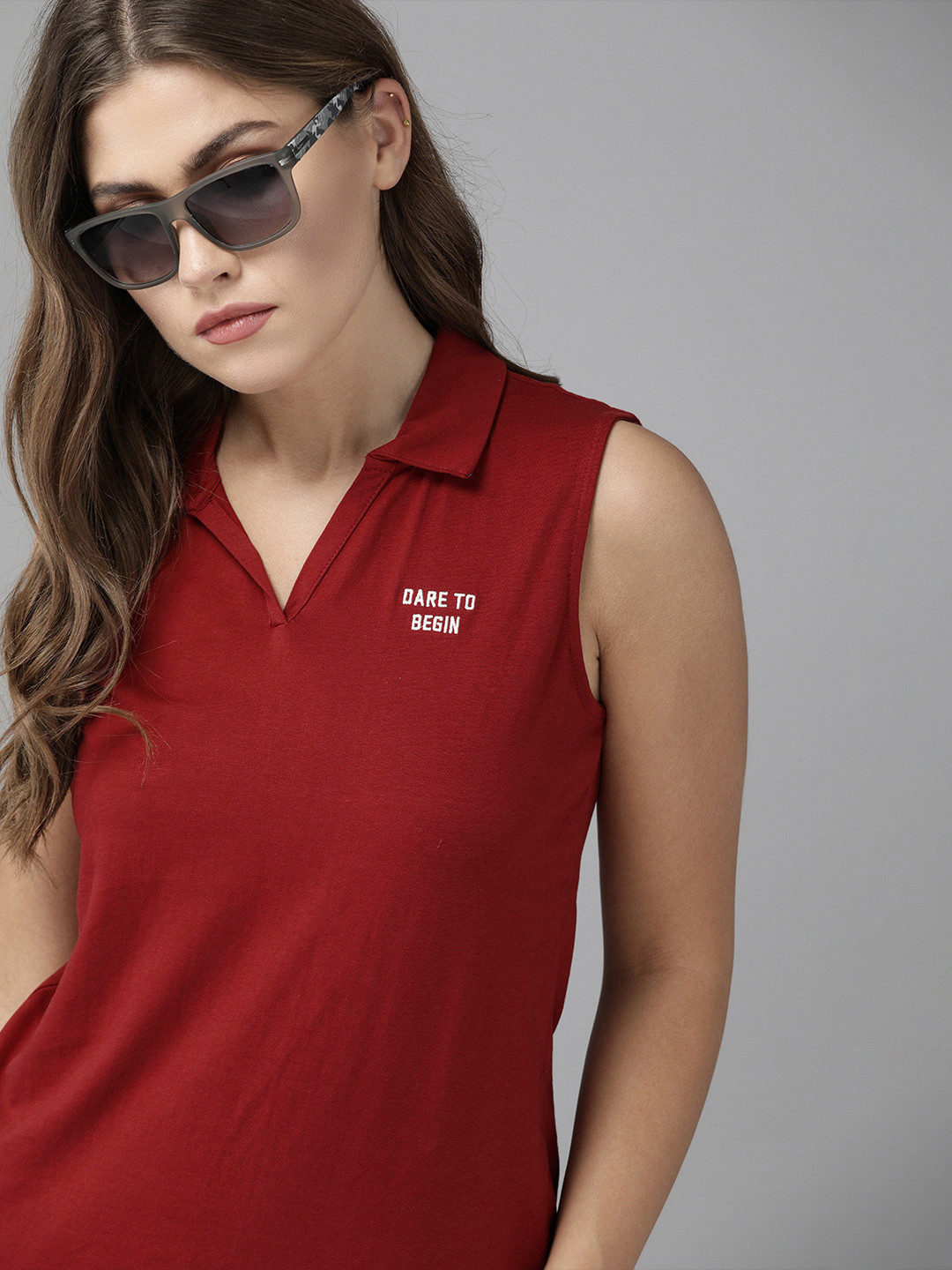 Roadster Women Burgundy Solid Polo Collar Cotton T-shirt with Embroidered Detail