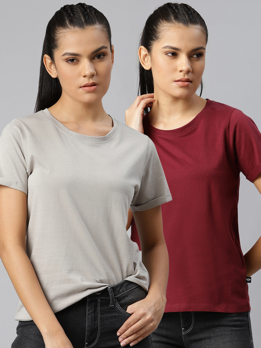 The Roadster Lifestyle Co Women Pack of Two Round Neck Pure Cotton T-shirts
