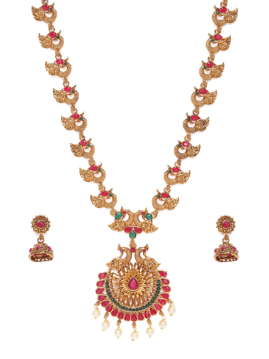 Zaveri Pearls Pink & Green Gold-Plated Antique Jewellery Set