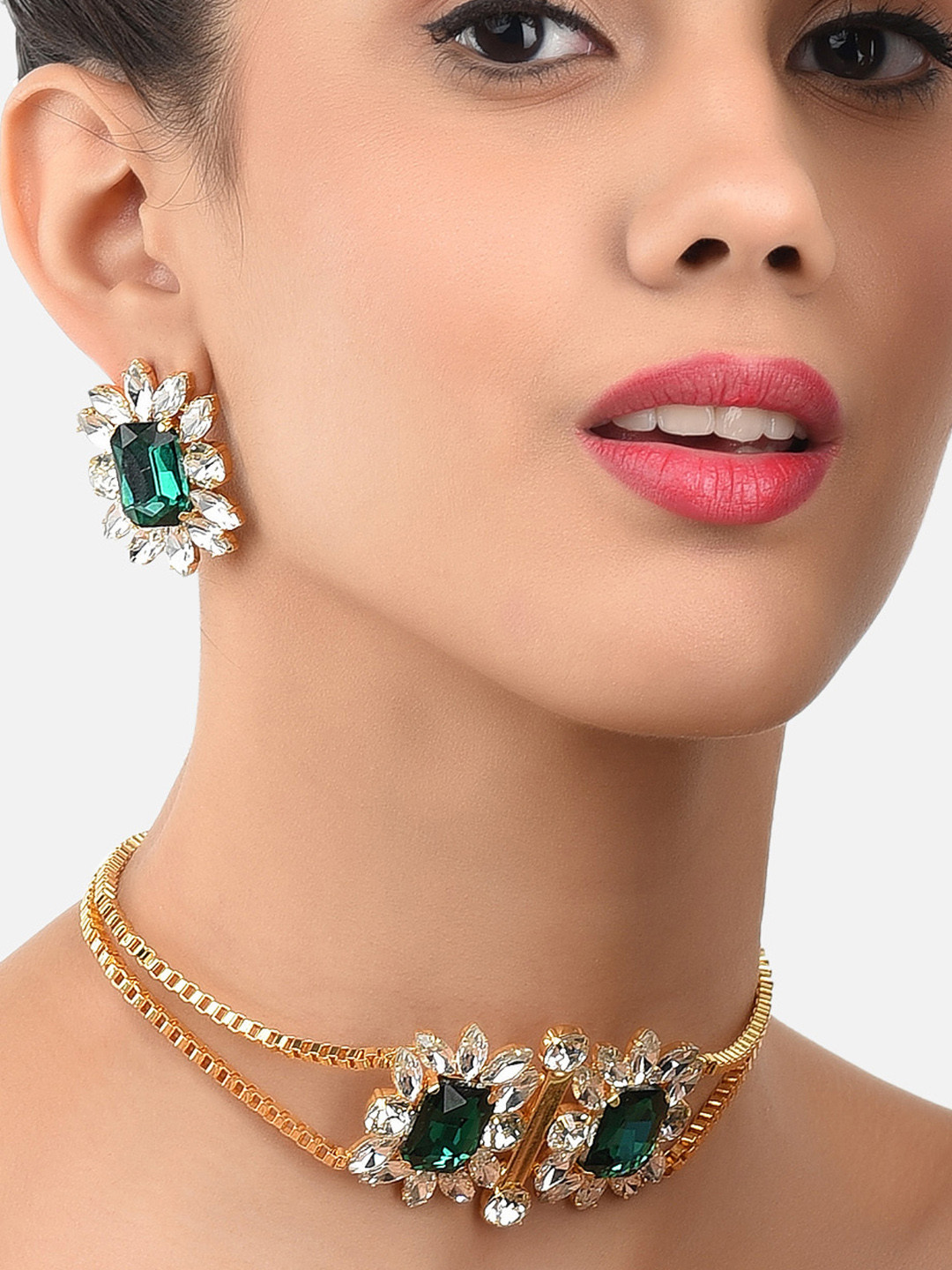 Zaveri Pearls Gold-Plated & Green Crystal Shine Stone Studded Jewellery Set