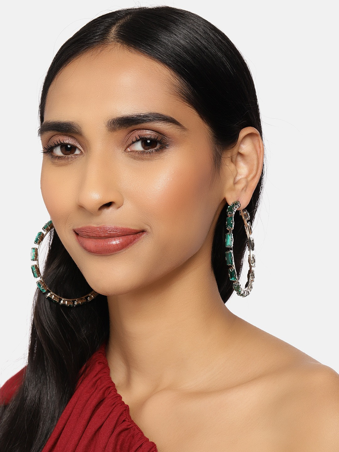 Zaveri Pearls Green Circular Studded Hoop Earrings