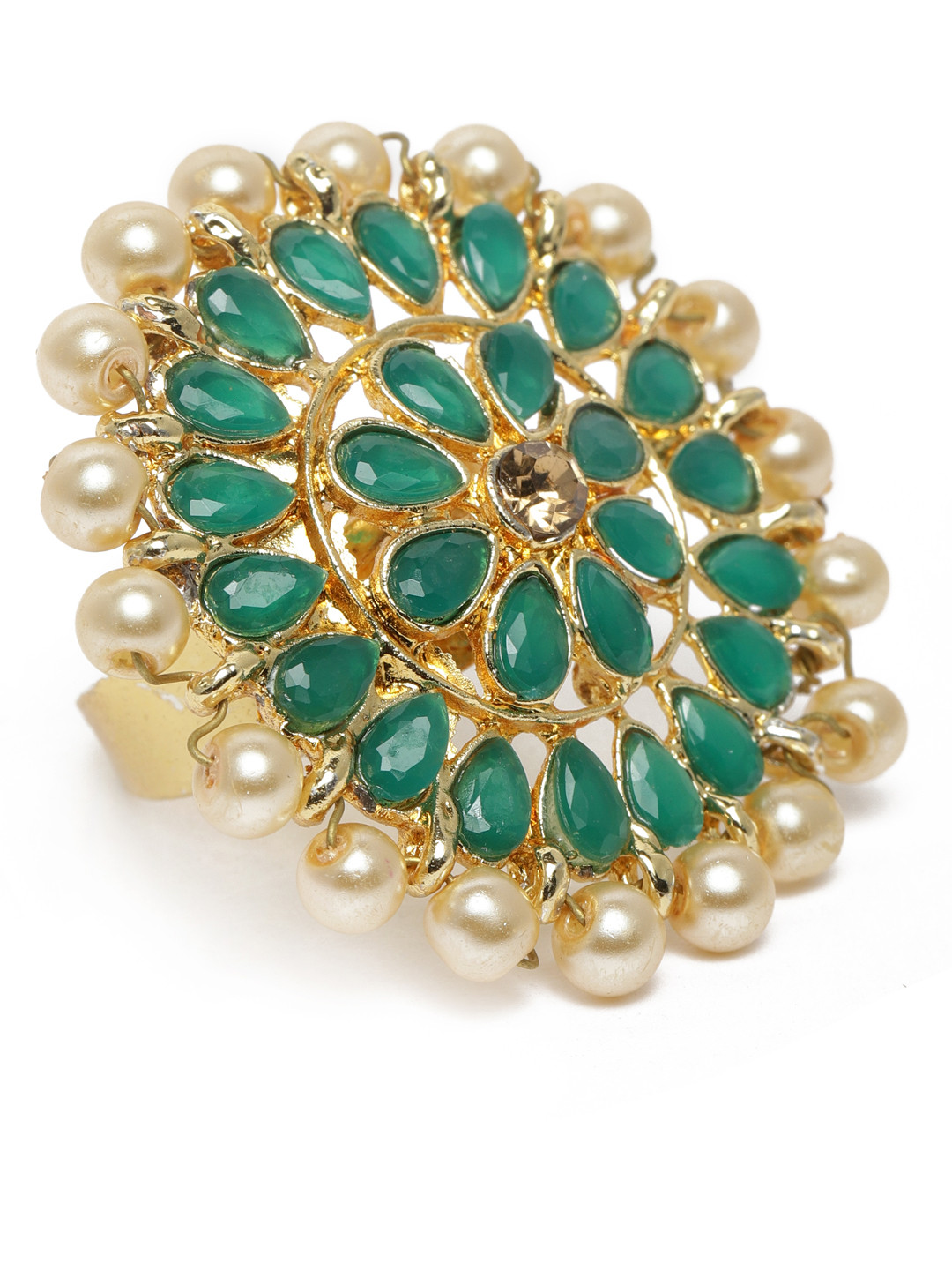 Kord Store Green Gold Plated Stone Studded Adjustable Finger Ring