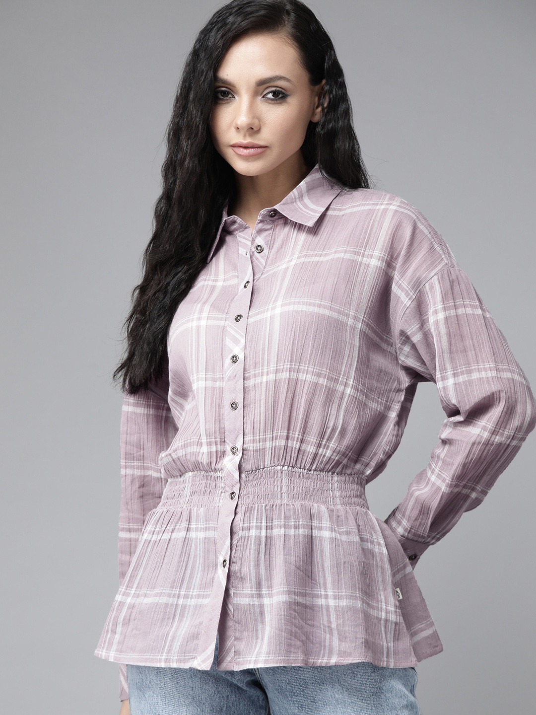 The Roadster Lifestyle Co Women Lavender & White Checked Pure Cotton Cinched Waist Casual Shirt