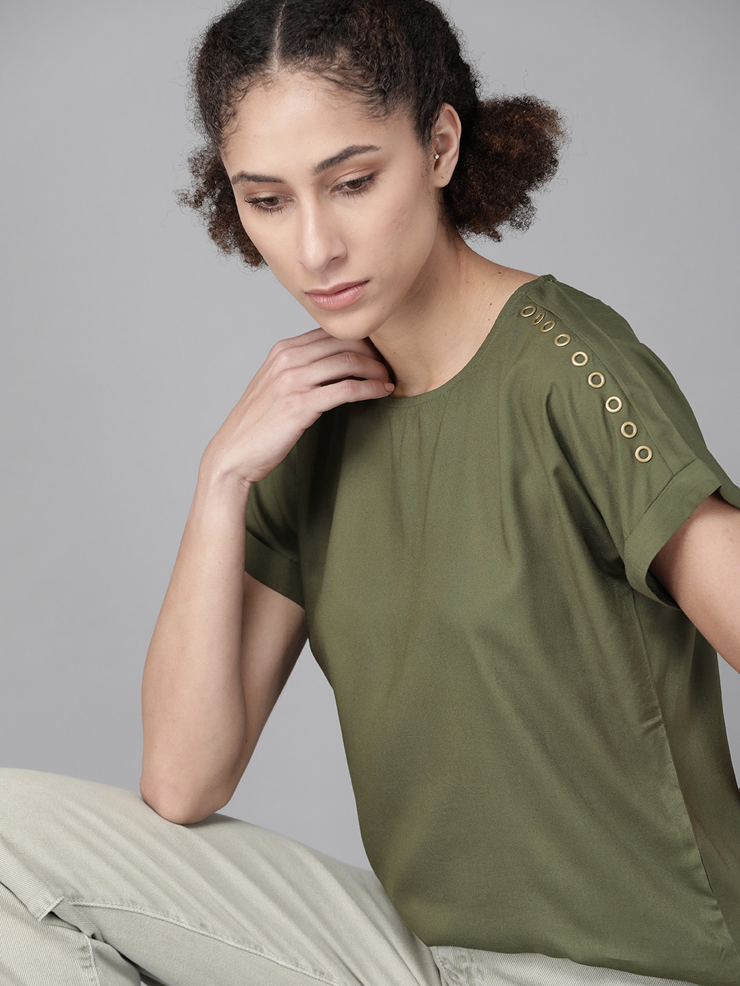 The Roadster Lifestyle Co EcoVero Olive Green Extended Sleeves Sustainable Top