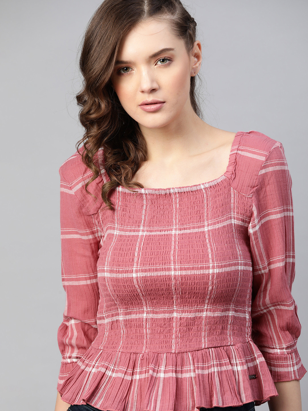The Roadster Lifestyle Co Dusty Pink  White Pure Cotton Checked Smocked Top