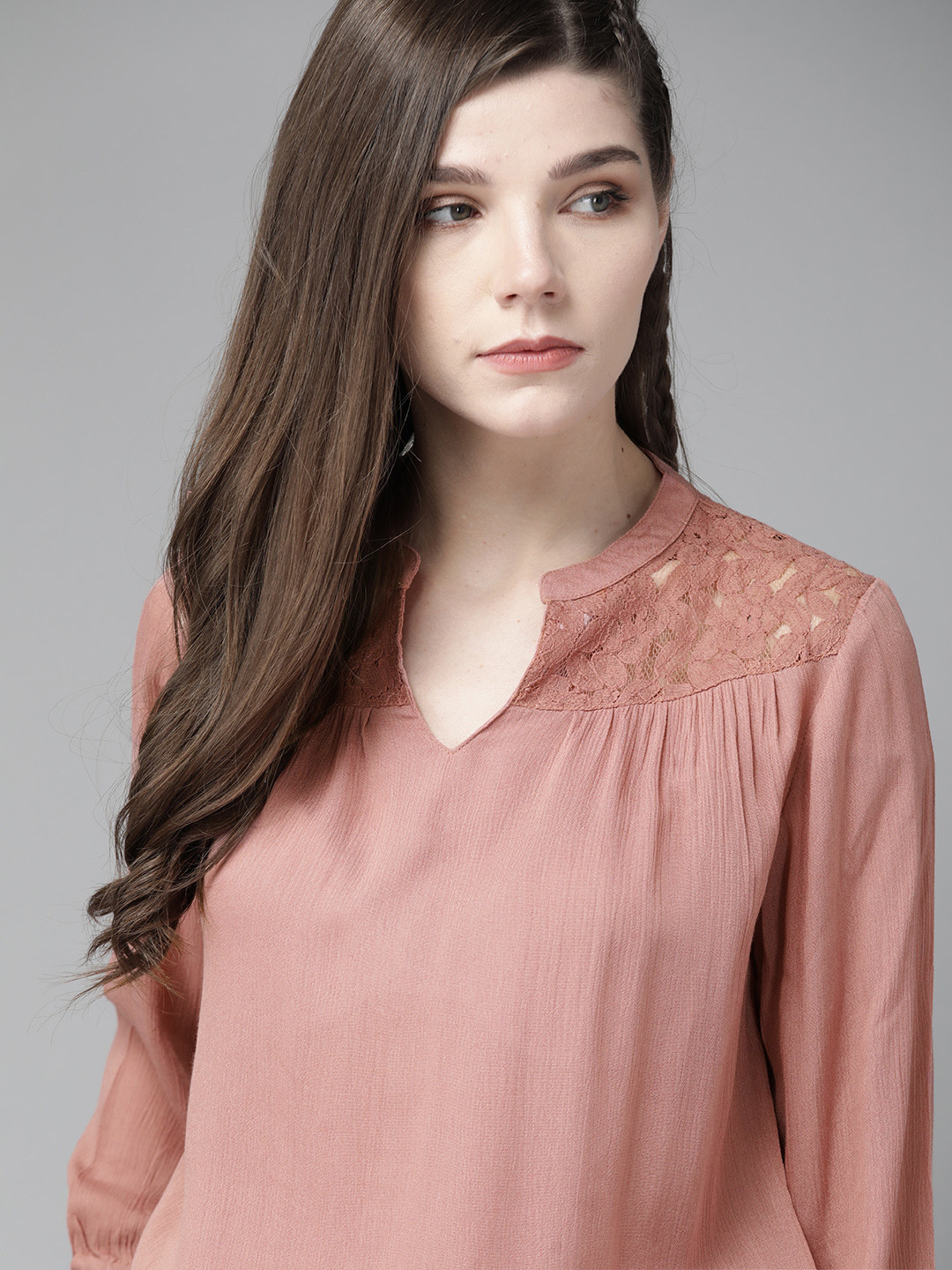 The Roadster Lifestyle Co Pink Solid EcoVero Mandarin Collar Regular Top With Lace Inserts