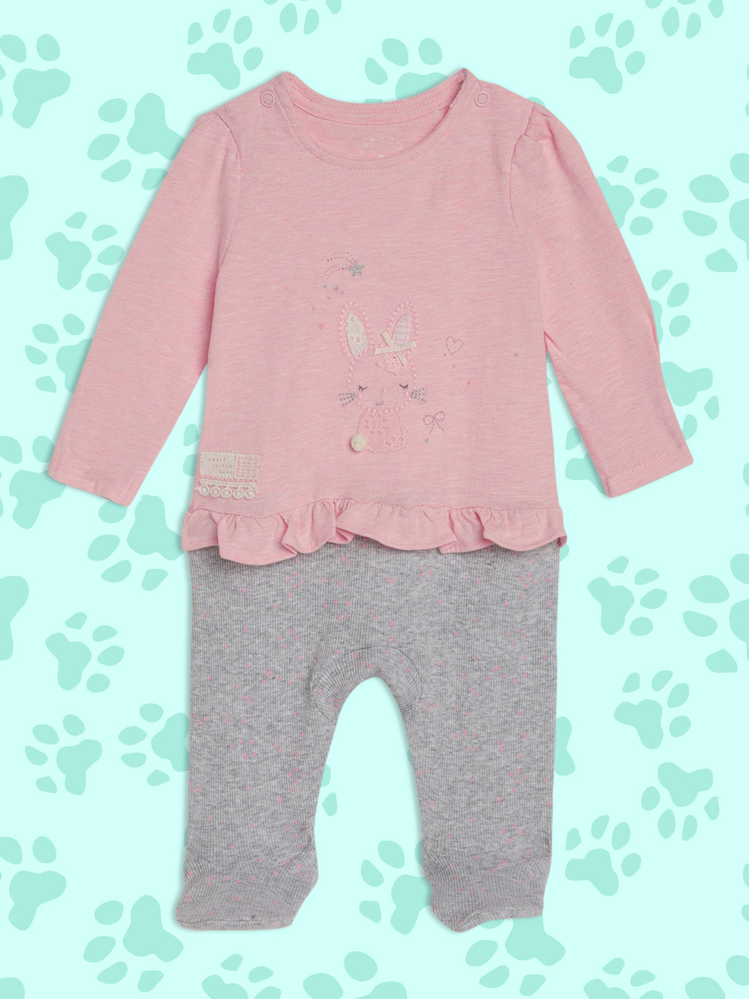 mothercare Infant Girls Pink & Grey Embroidered Pure Cotton Sleepsuit