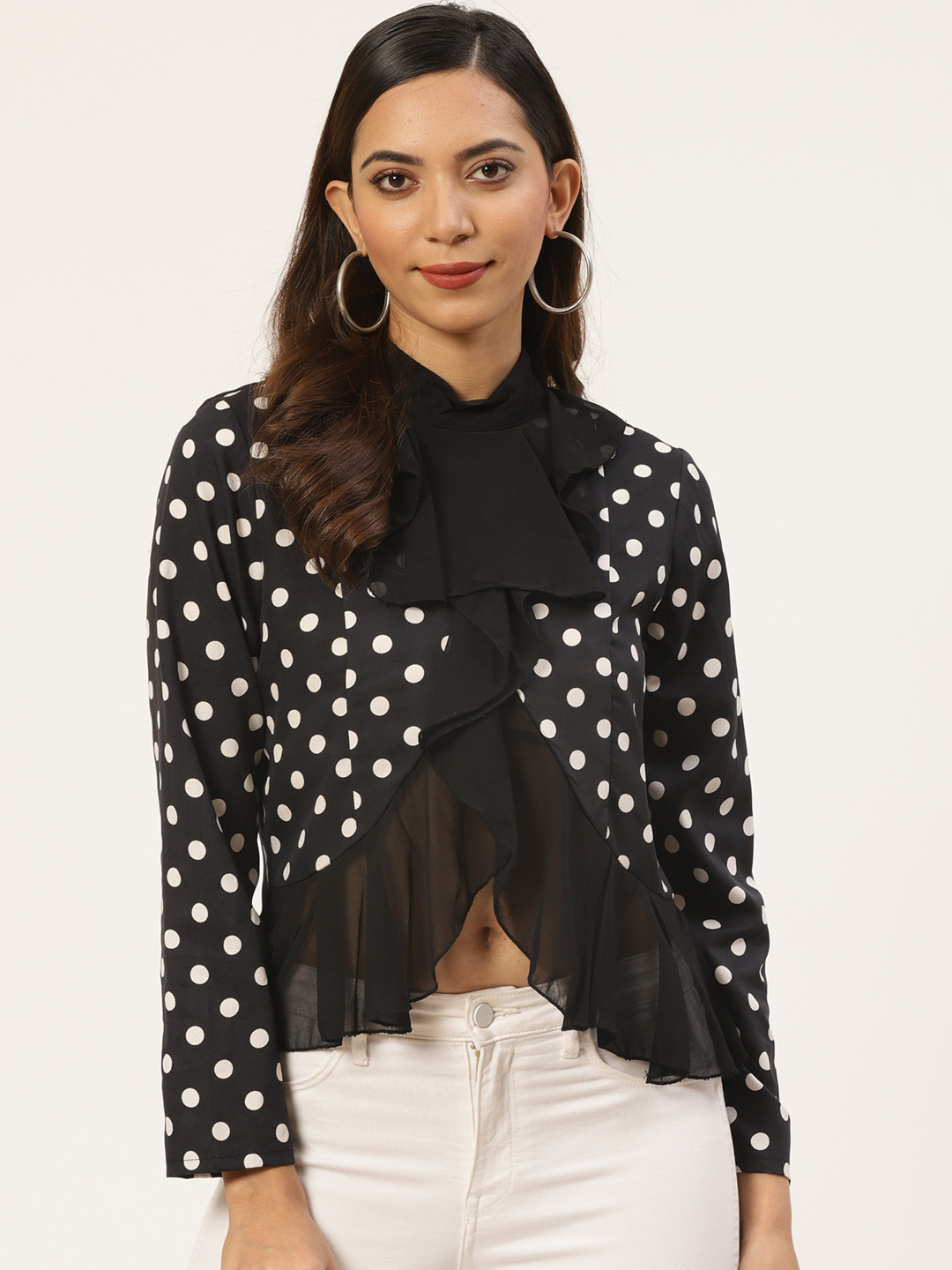 DODO & MOA Women Black & White Polka Dot Print Victorian Crop Top