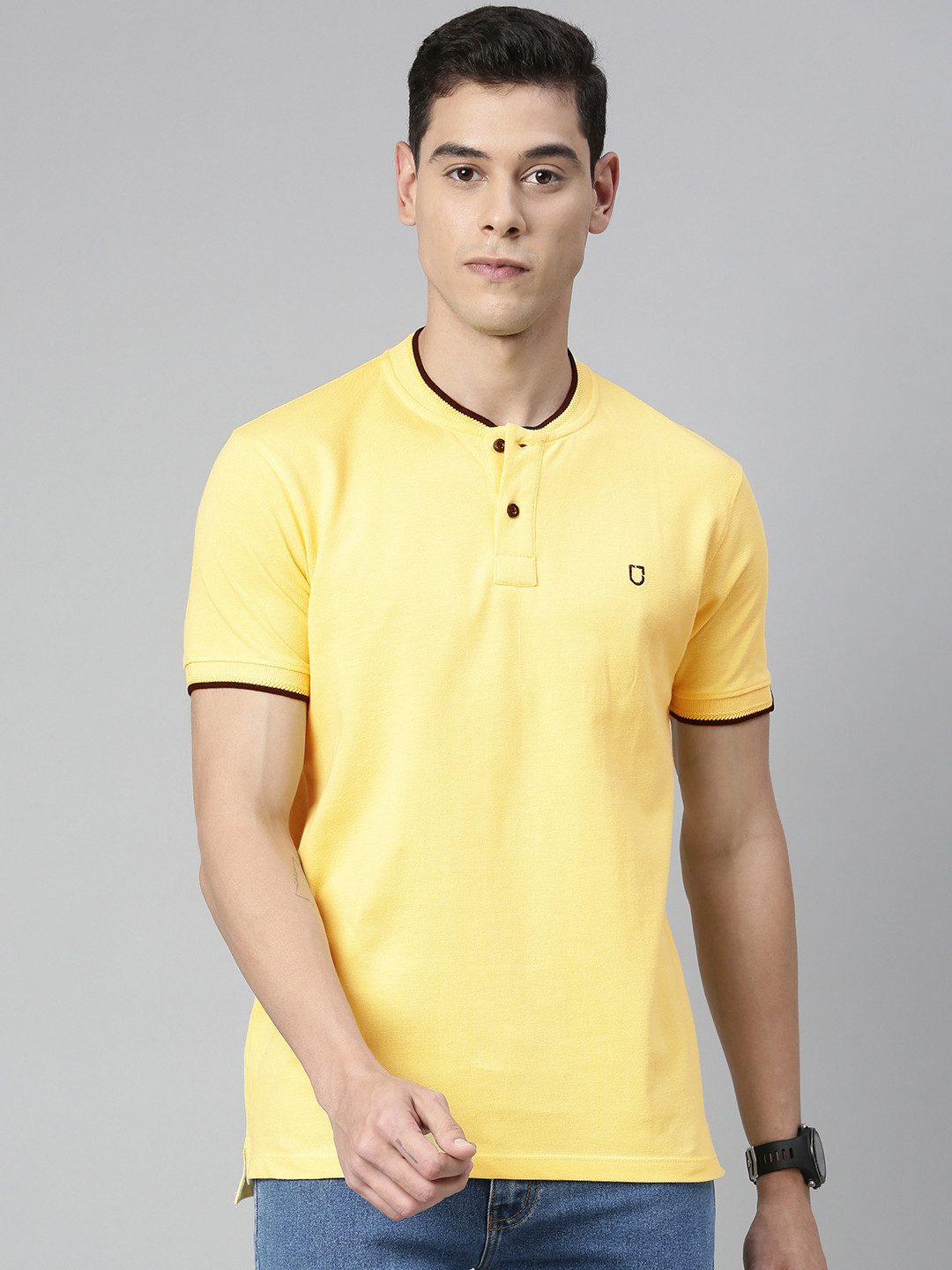 Urbano Fashion Men Yellow Solid Pure Cotton Henley Neck Pure Cotton T-shirt