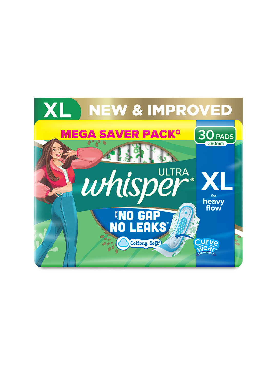 Whisper Ultra Upto No Gap No Leaks Sanitary Pads for Heavy Flow Protection - 30 XL Pads