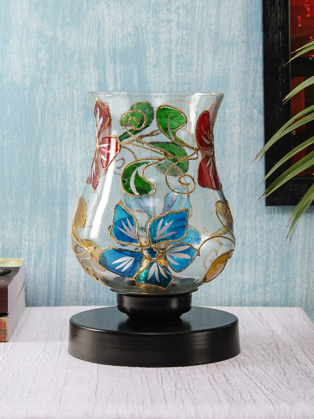 Devansh Transparent & Yellow Floral Printed Mosaic Table Lamp